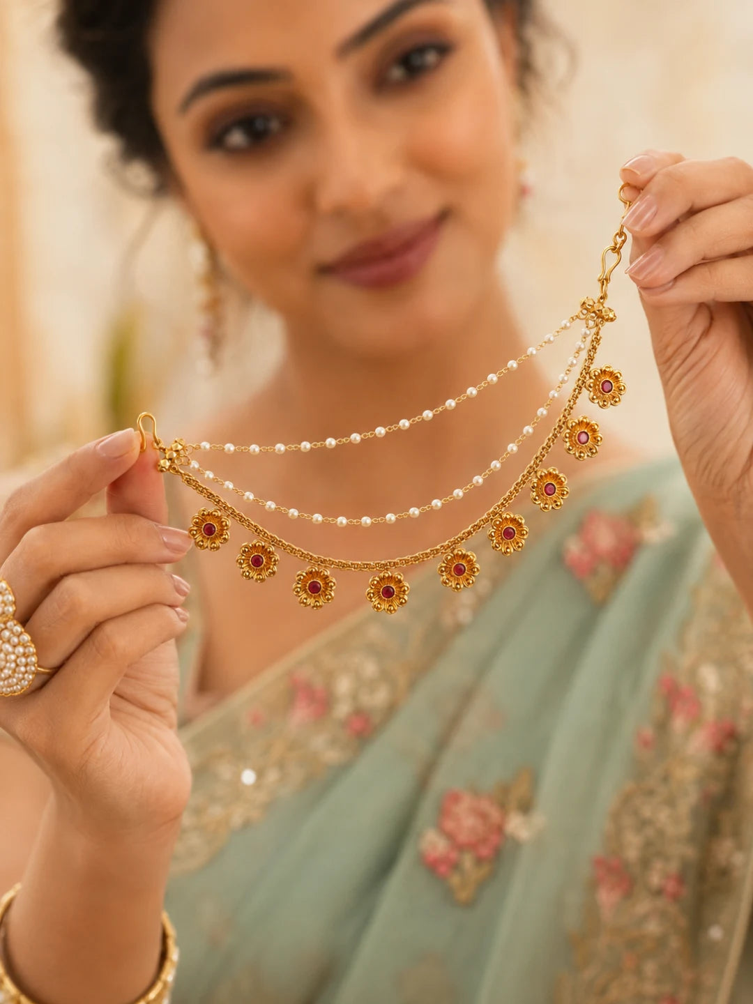 Gold Plated Floral Layered Ear Chain