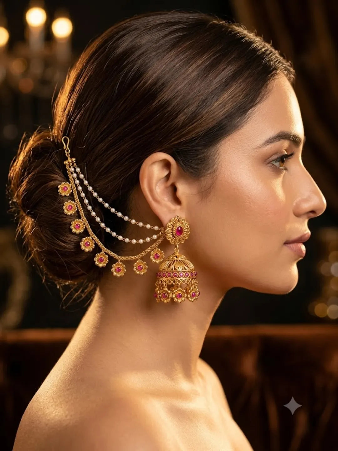 Gold Plated Floral Layered Ear Chain