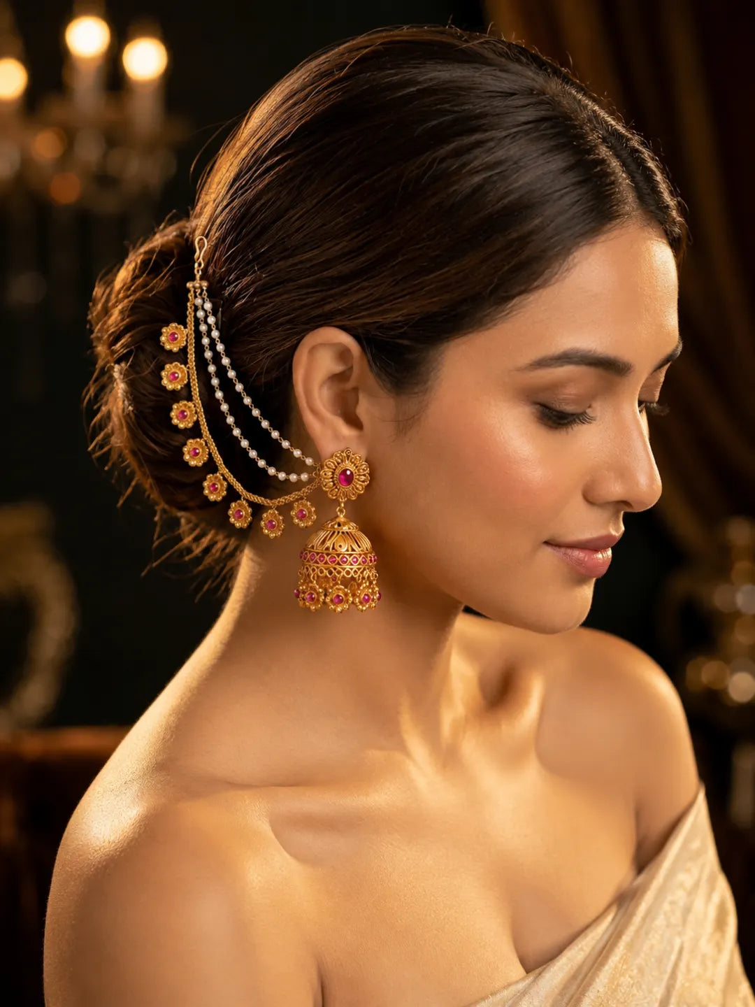 Gold Plated Floral Layered Ear Chain