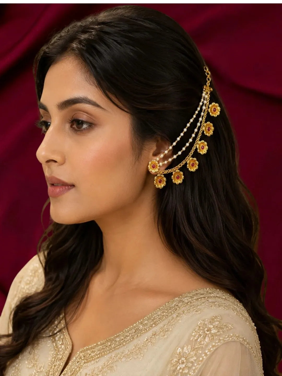 Gold Plated Floral Layered Ear Chain
