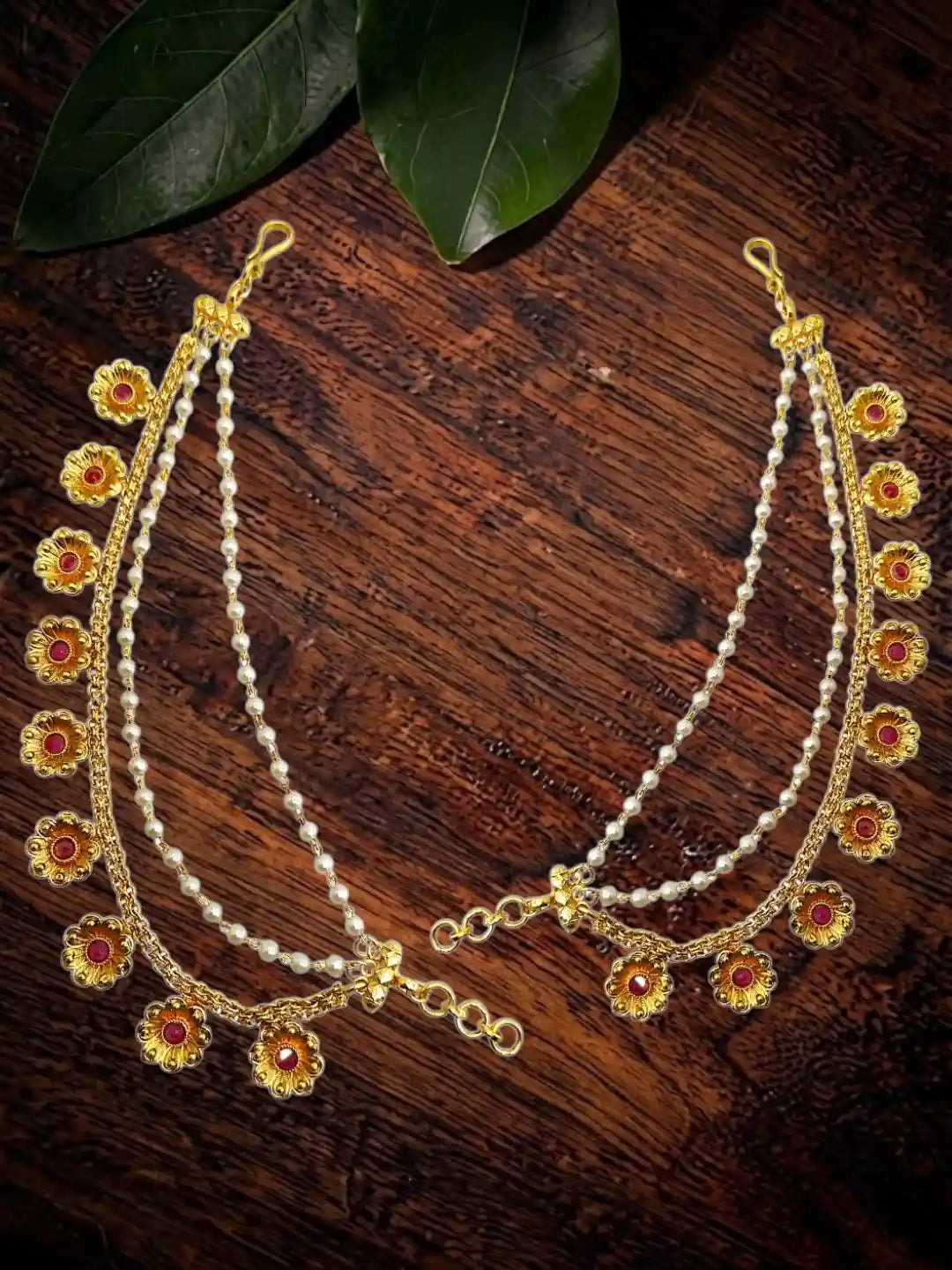 Gold Plated Floral Layered Ear Chain