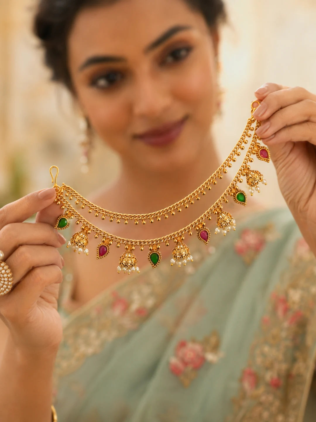 Gold Plated Bahubali Layered Ear Chain