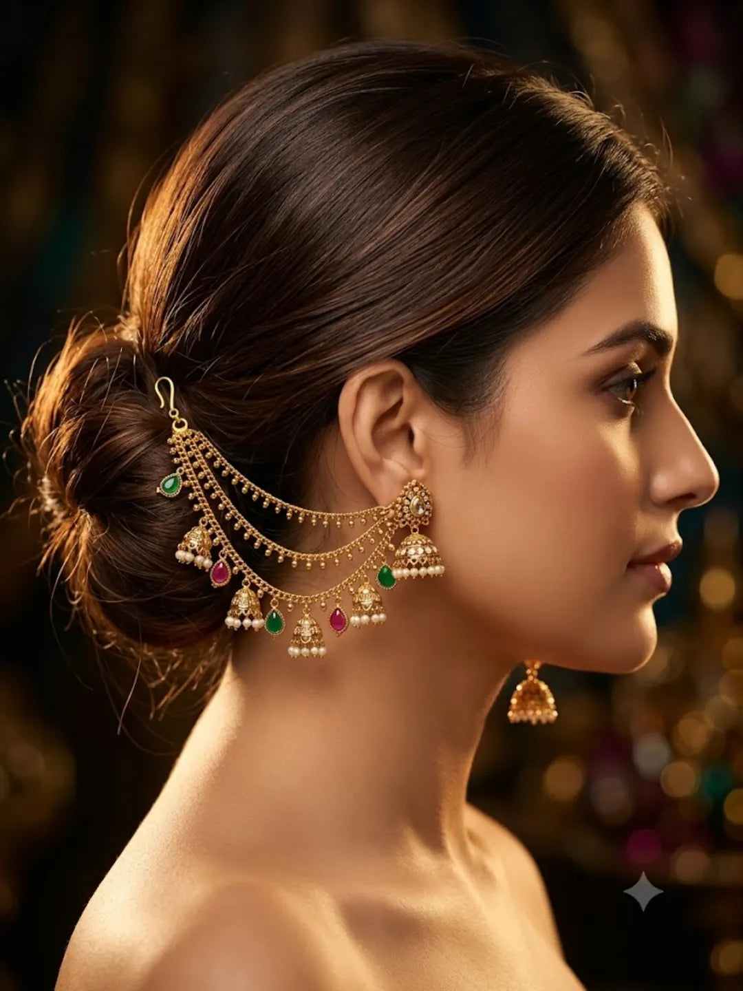 Gold Plated Bahubali Layered Ear Chain