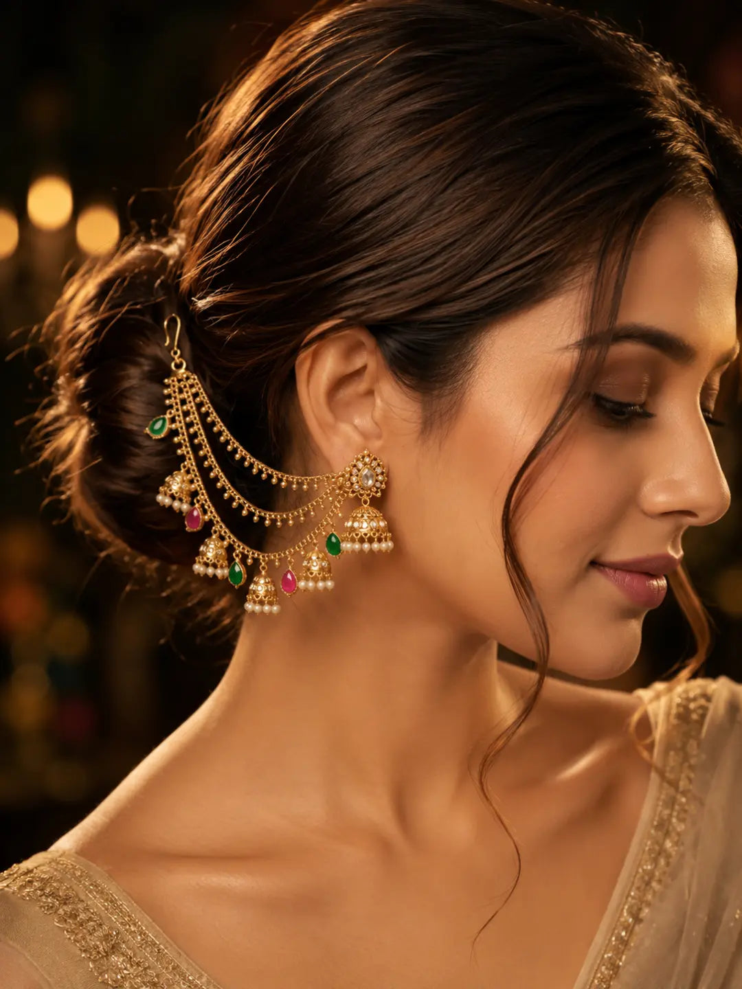 Gold Plated Bahubali Layered Ear Chain