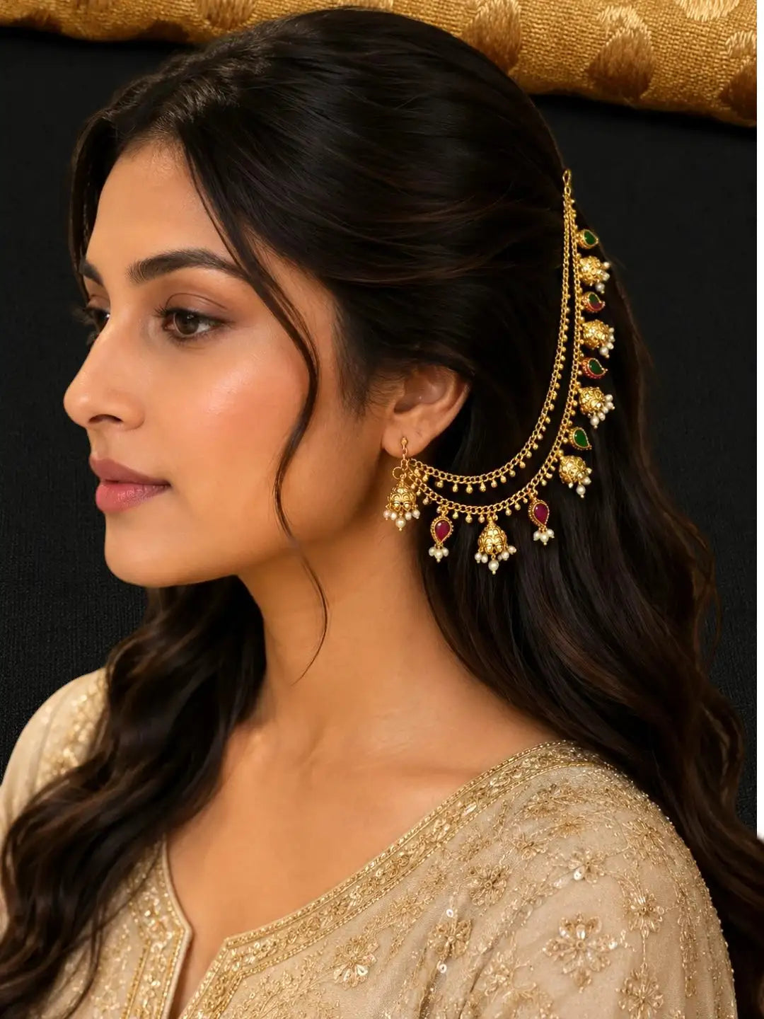 Gold Plated Bahubali Layered Ear Chain