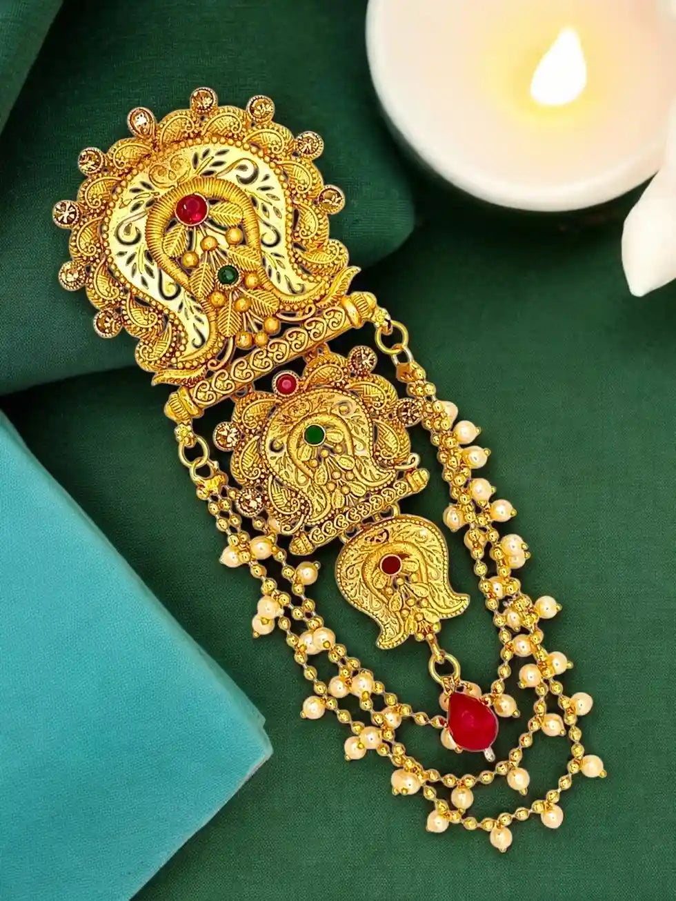 Gold-Plated Artificial 3 teired Beads Studded Bun Pin