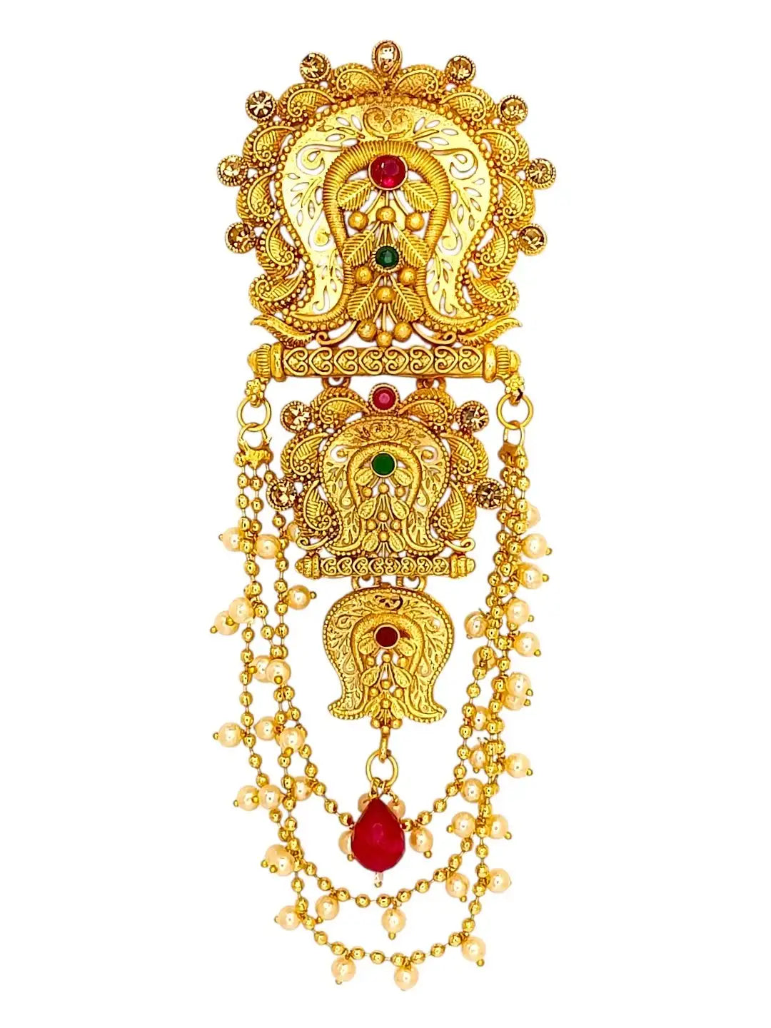 Gold-Plated Artificial 3 teired Beads Studded Bun Pin