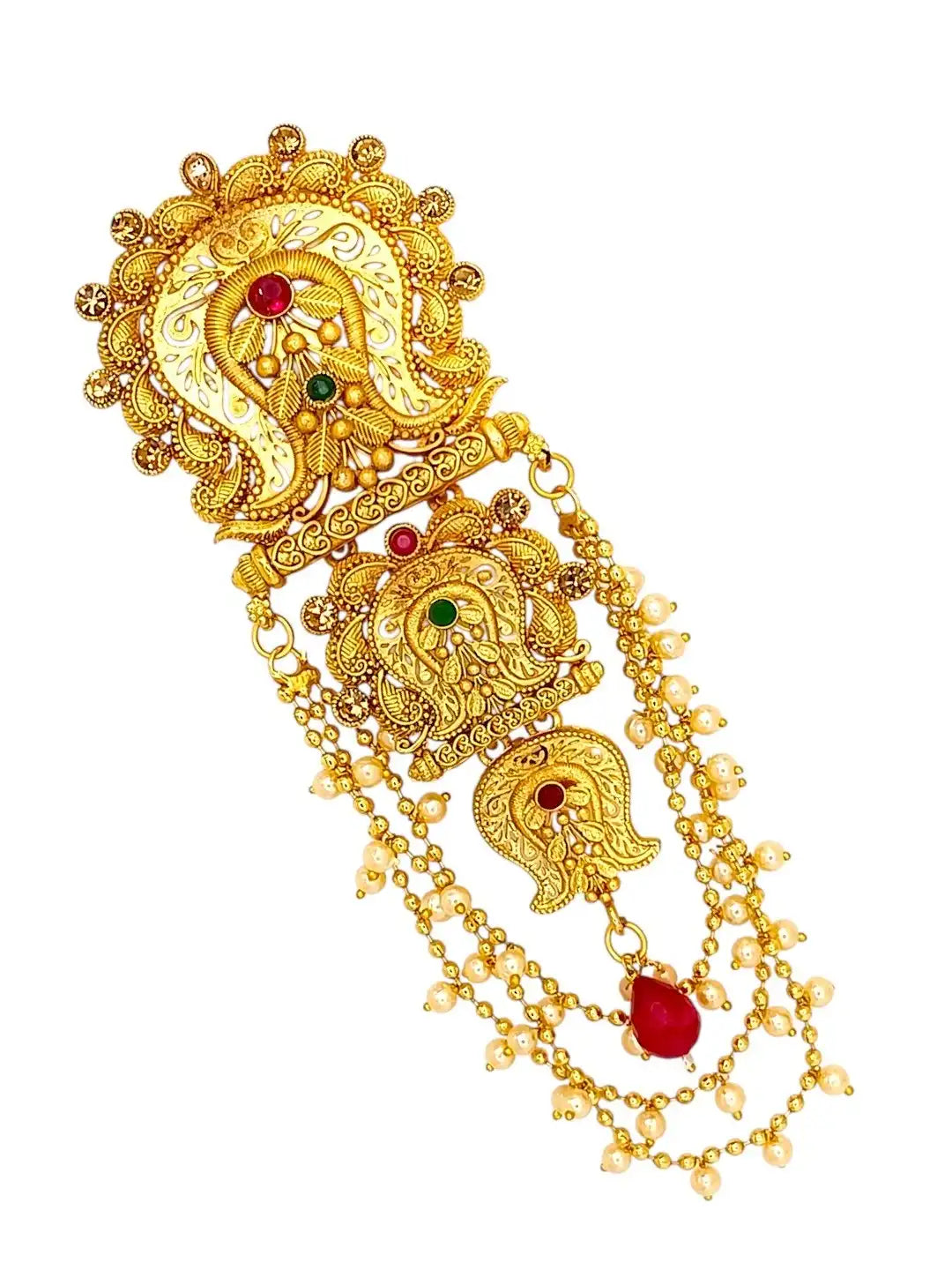 Gold-Plated Artificial 3 teired Beads Studded Bun Pin