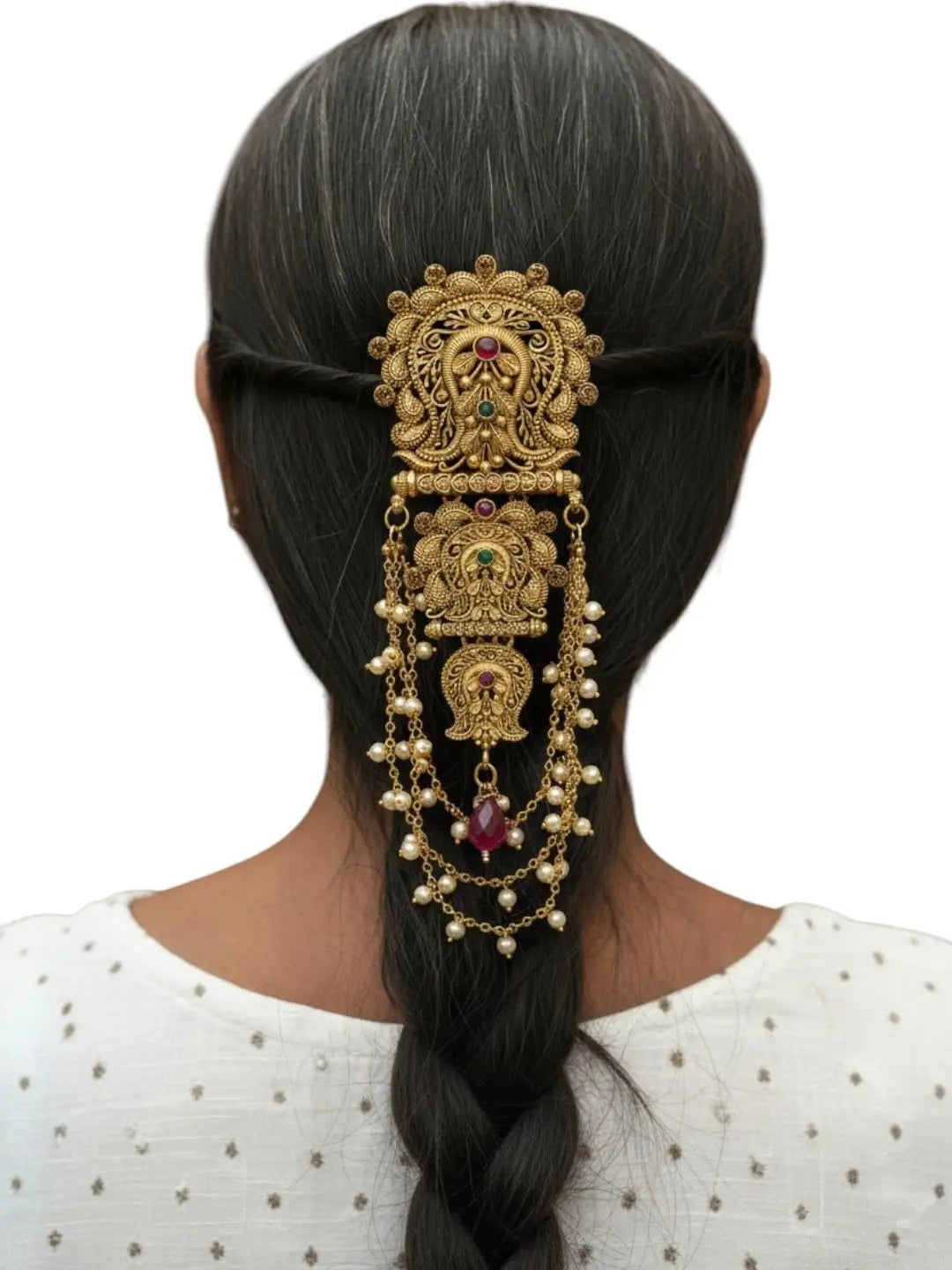 Gold-Plated Artificial 3 teired Beads Studded Bun Pin