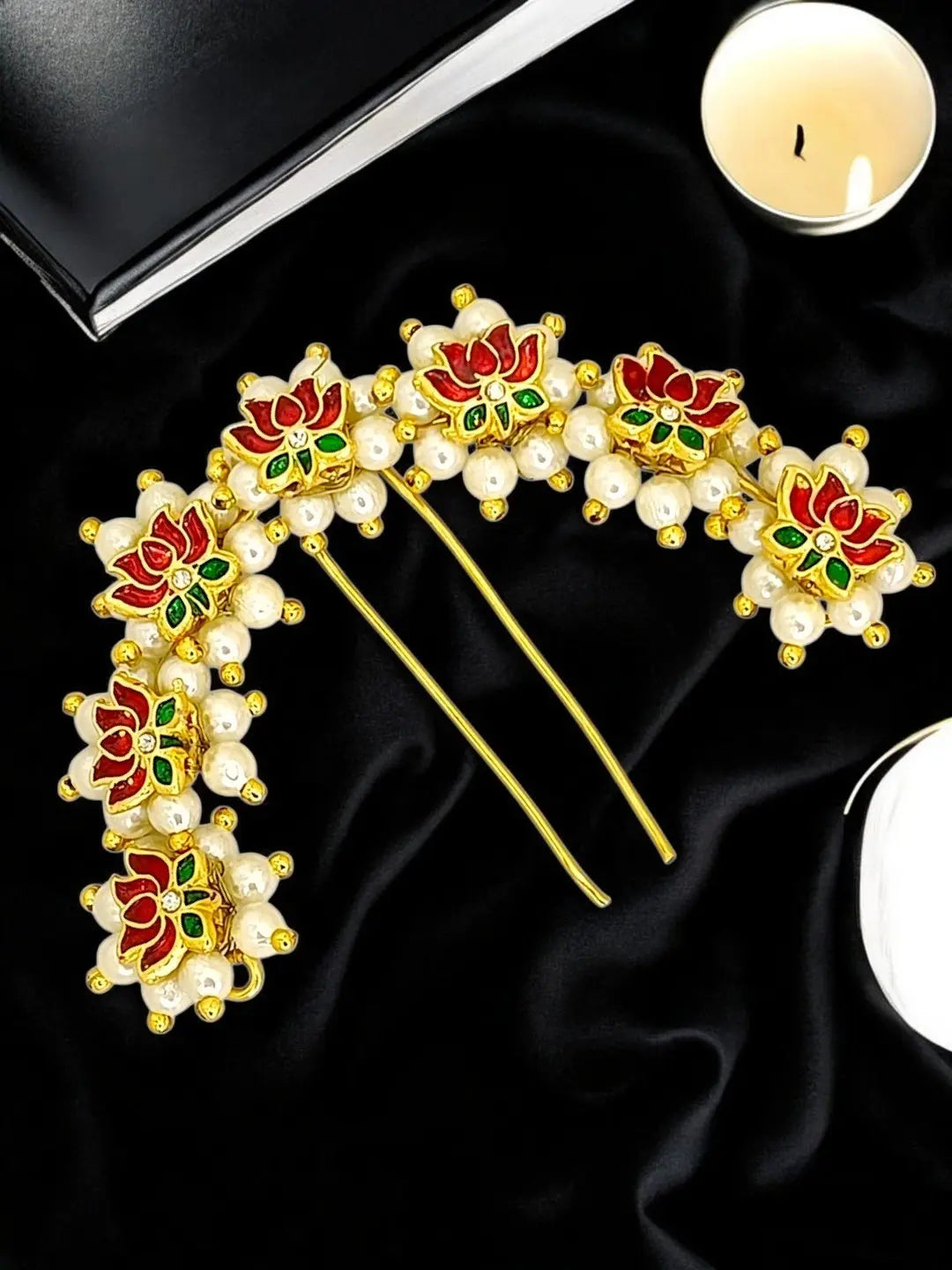 Gold-Plated Artificial Lotus Beads Studded Bun Pin