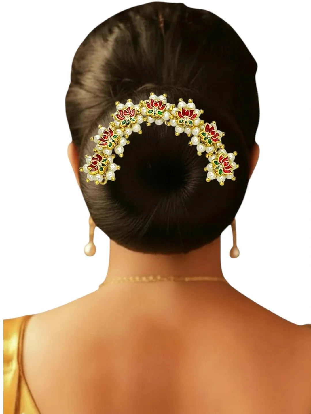 Gold-Plated Artificial Lotus Beads Studded Bun Pin