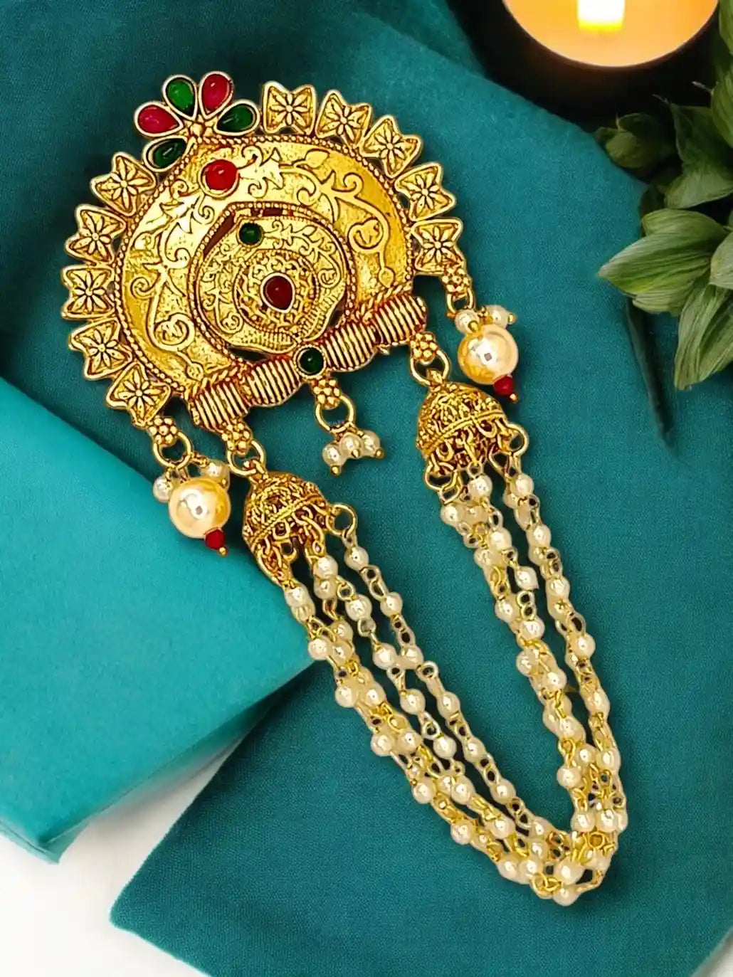 Gold-Plated Artificial Beads Studded with Jhumka Bun Pin