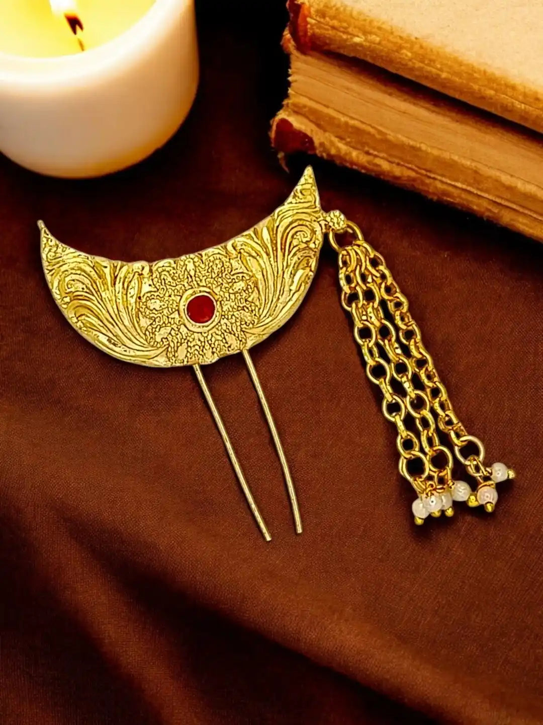 Gold-Plated Artificial Moon Shaped with Red Stone Studded