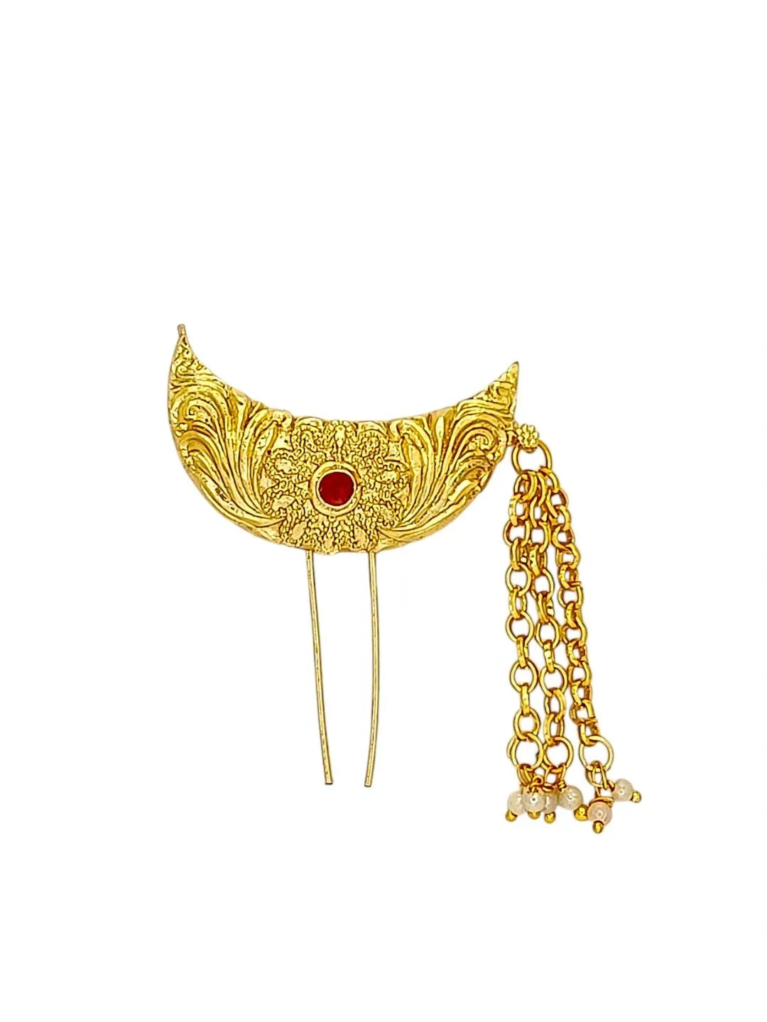 Gold-Plated Artificial Moon Shaped with Red Stone Studded