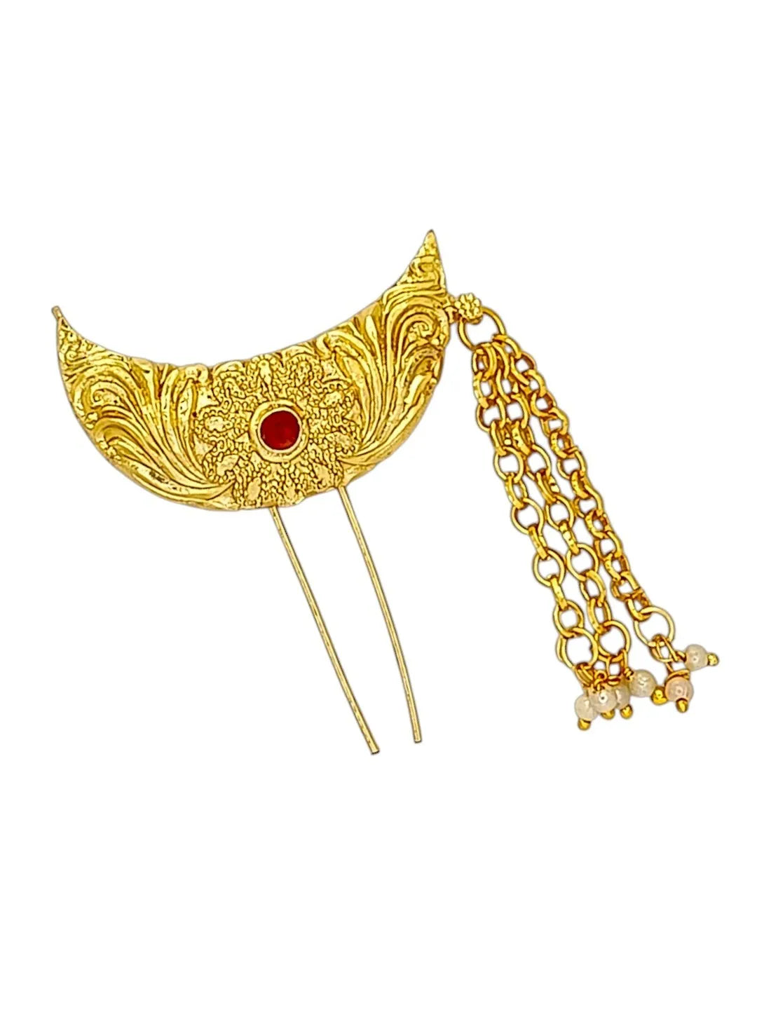 Gold-Plated Artificial Moon Shaped with Red Stone Studded