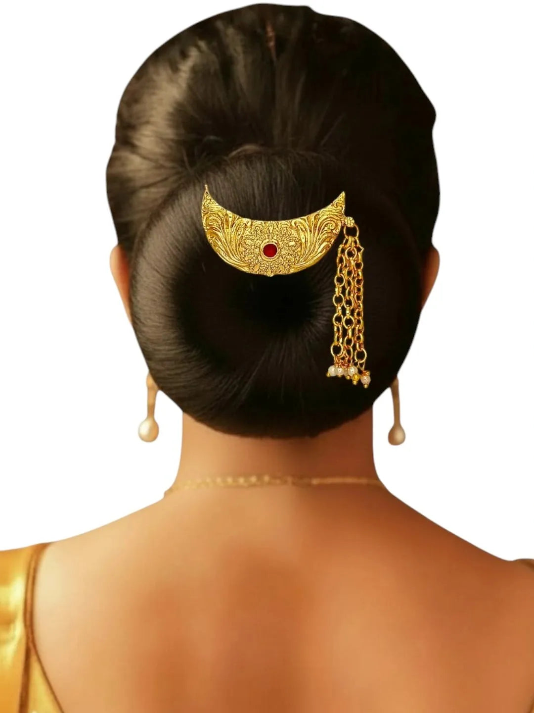 Gold-Plated Artificial Moon Shaped with Red Stone Studded