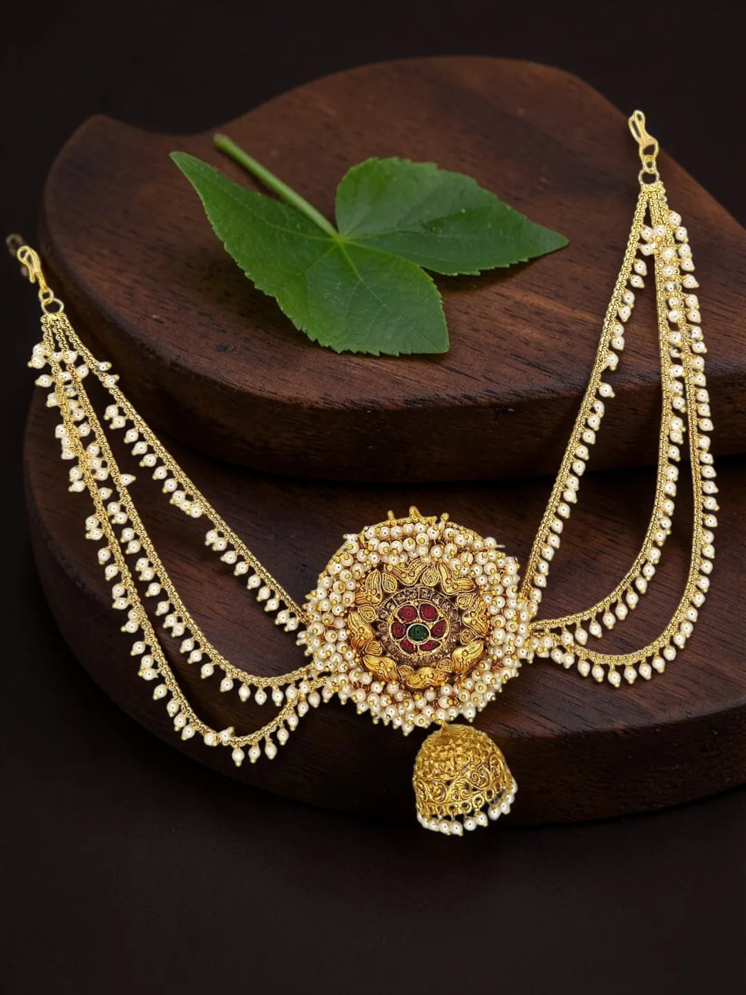 Gold-Plated 3 Teired with Jhumka Bun Pin Head Jewelry