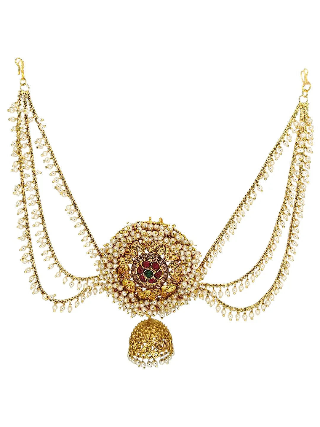 Gold-Plated 3 Teired with Jhumka Bun Pin Head Jewelry