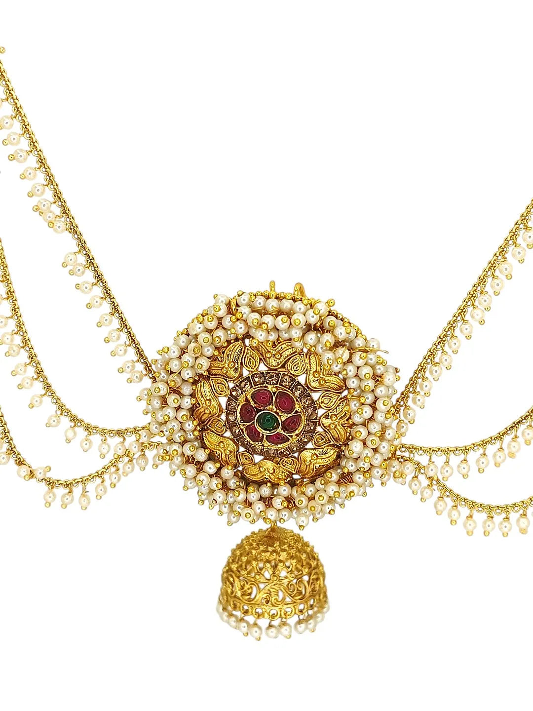 Gold-Plated 3 Teired with Jhumka Bun Pin Head Jewelry