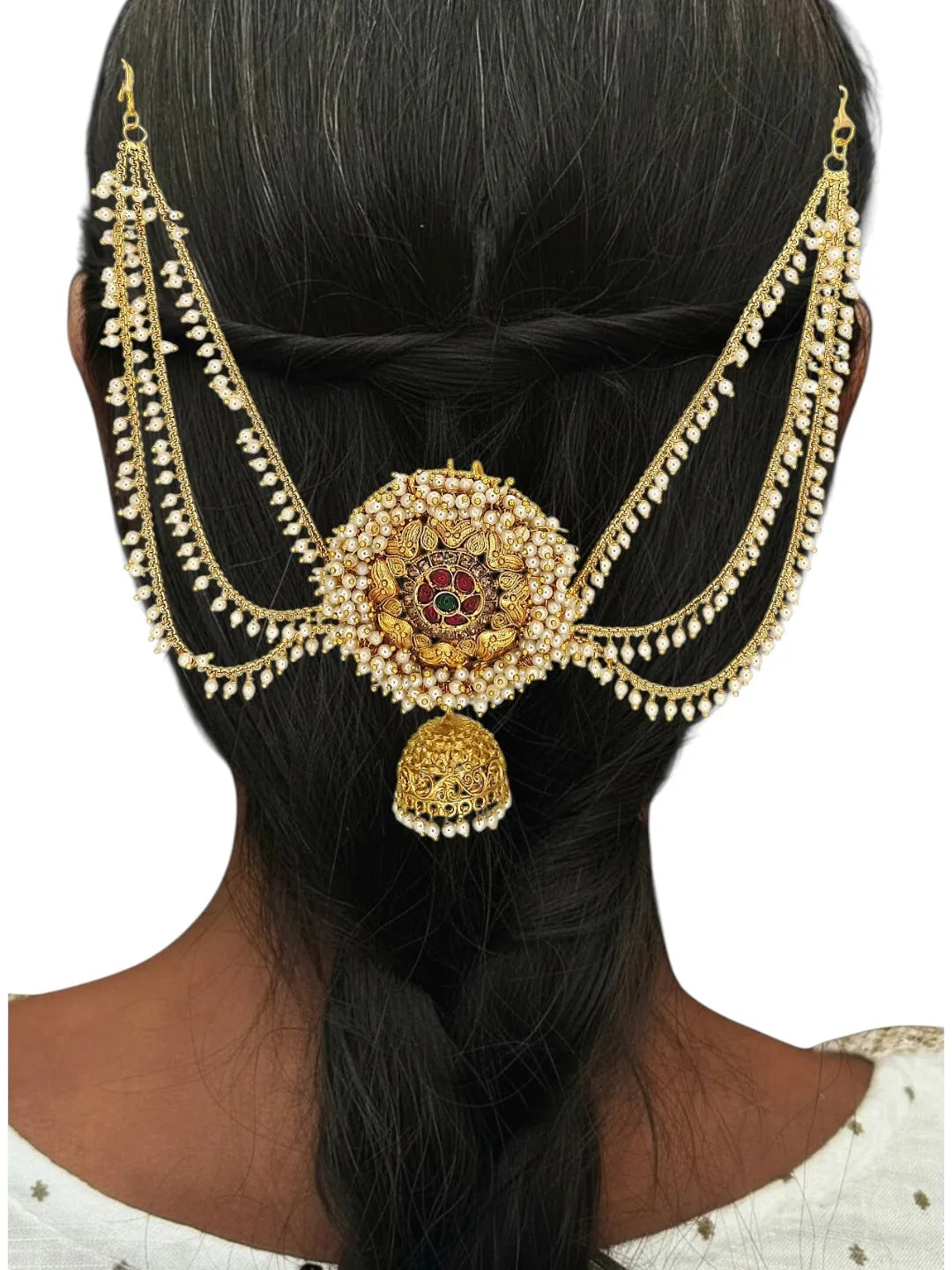 Gold-Plated 3 Teired with Jhumka Bun Pin Head Jewelry
