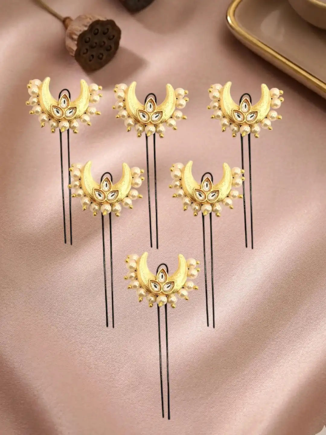 Set Of 6 Kundan Chandrakor U Pin Head Jewellery