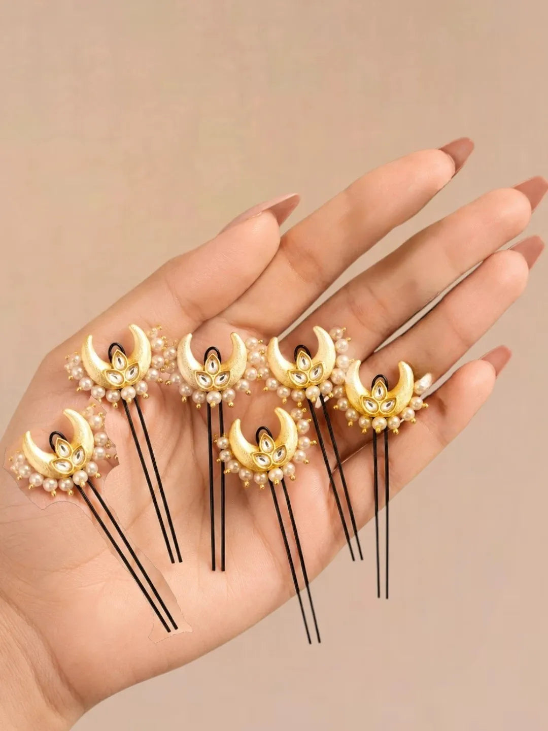Set Of 6 Kundan Chandrakor U Pin Head Jewellery