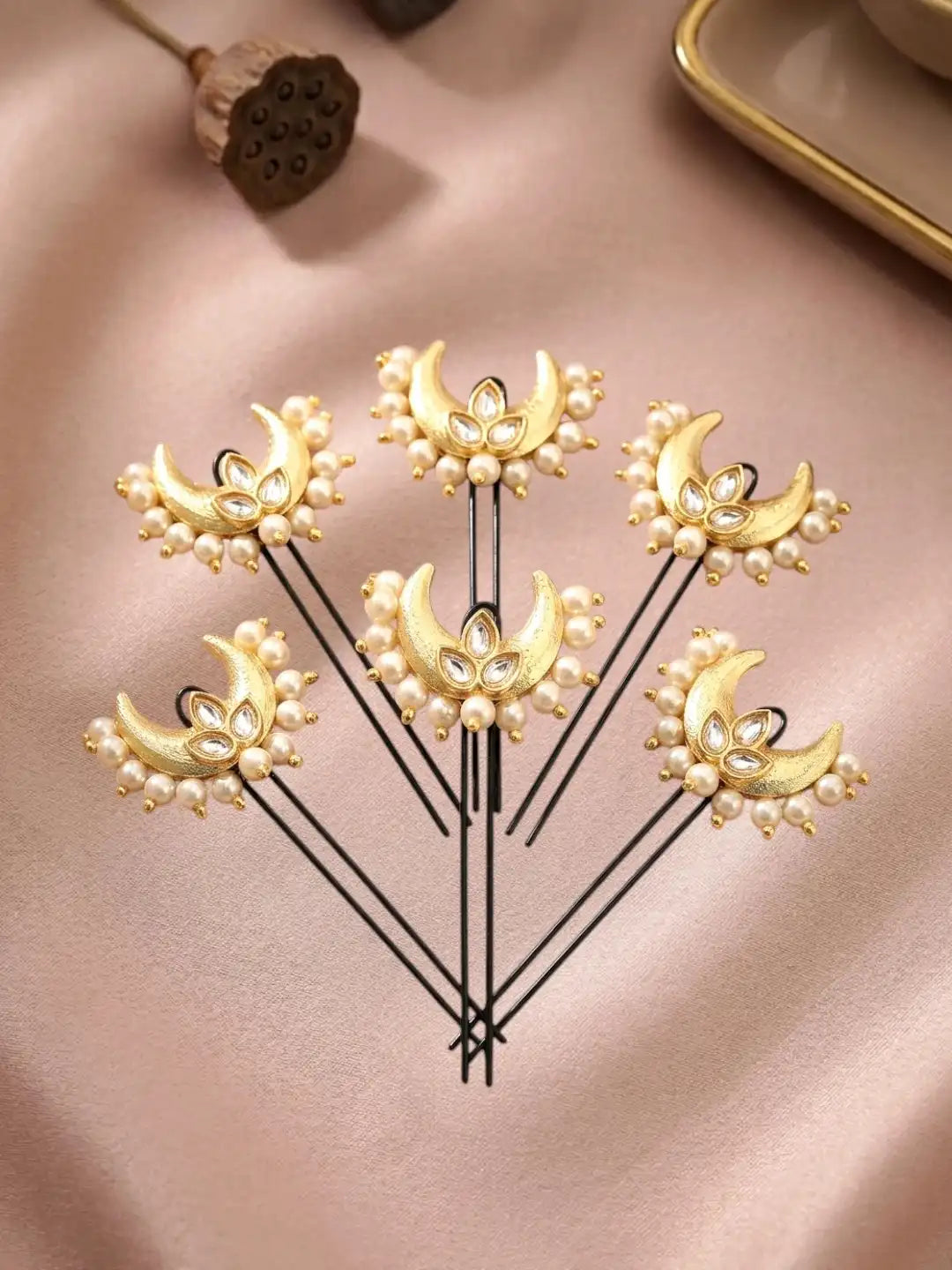 Set Of 6 Kundan Chandrakor U Pin Head Jewellery