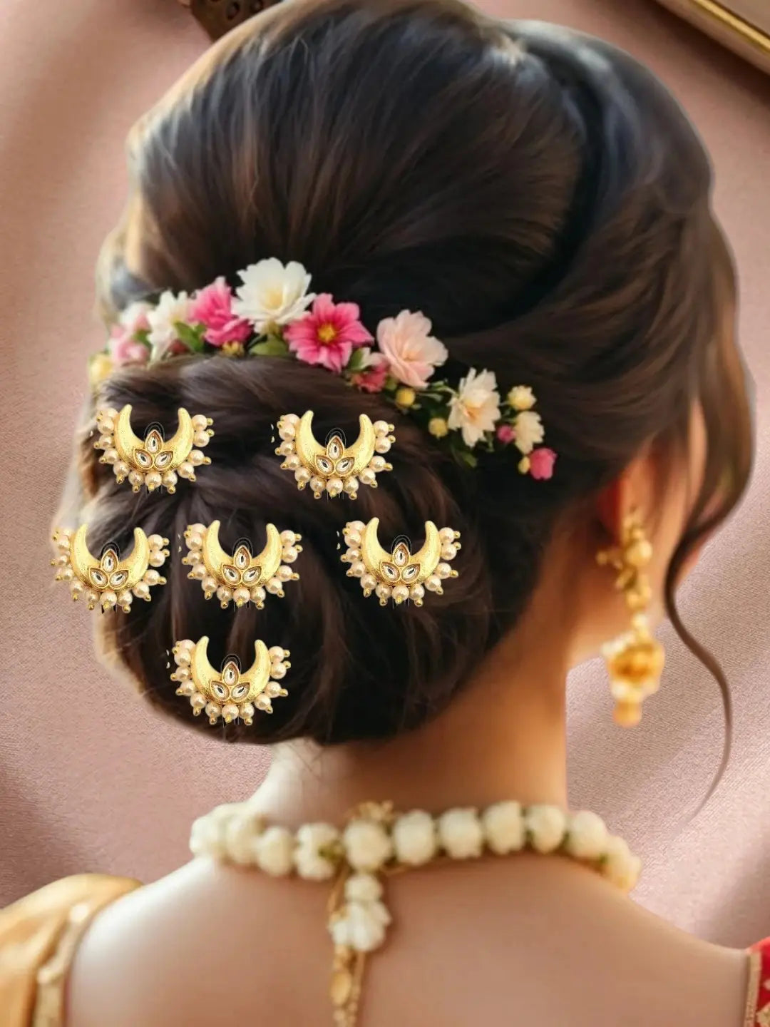 Set Of 6 Kundan Chandrakor U Pin Head Jewellery