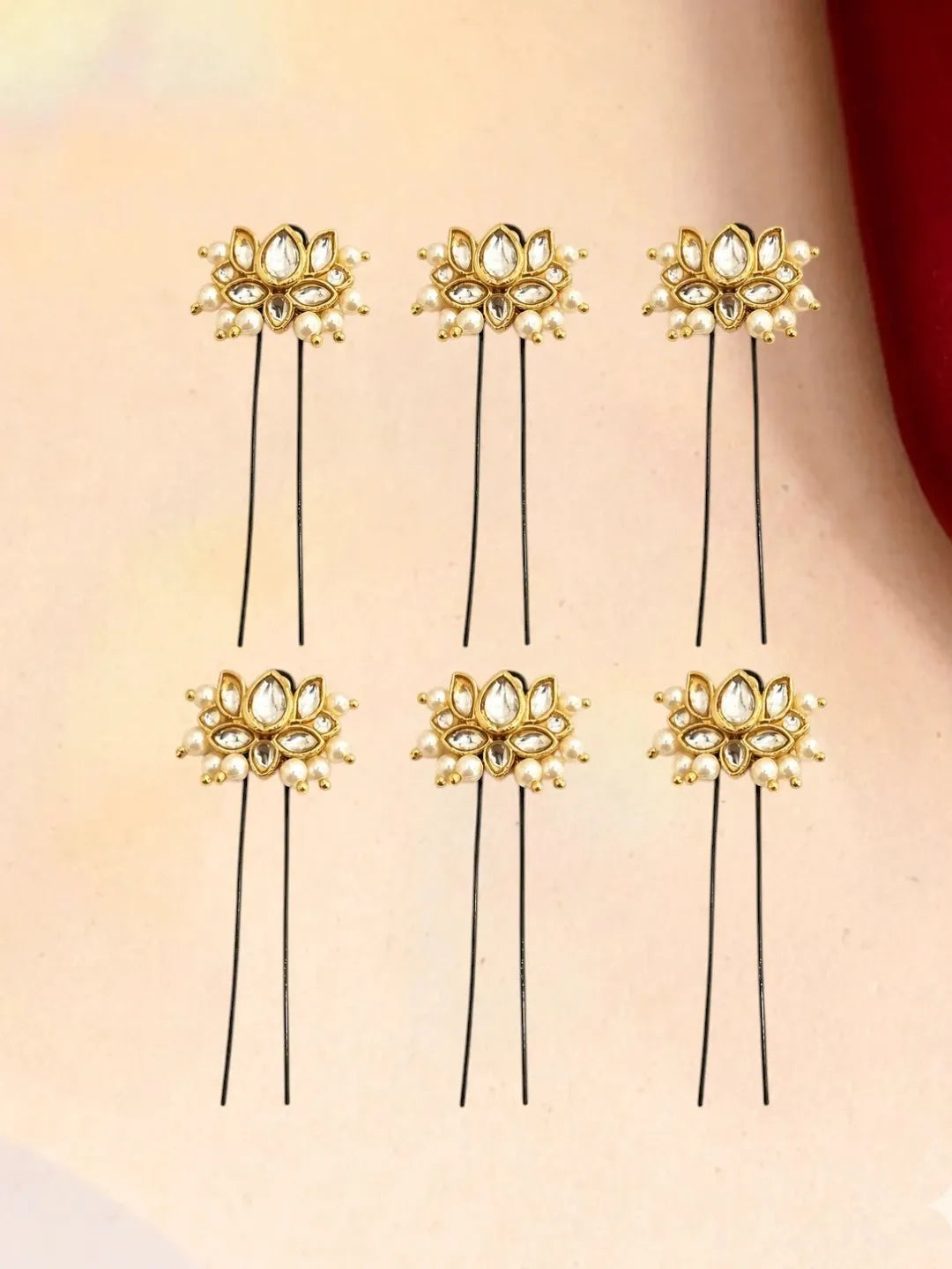 Set Of 6 Lotus Kundan U Pin Head Jewellery