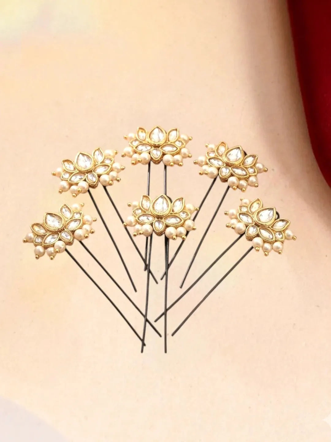 Set Of 6 Lotus Kundan U Pin Head Jewellery