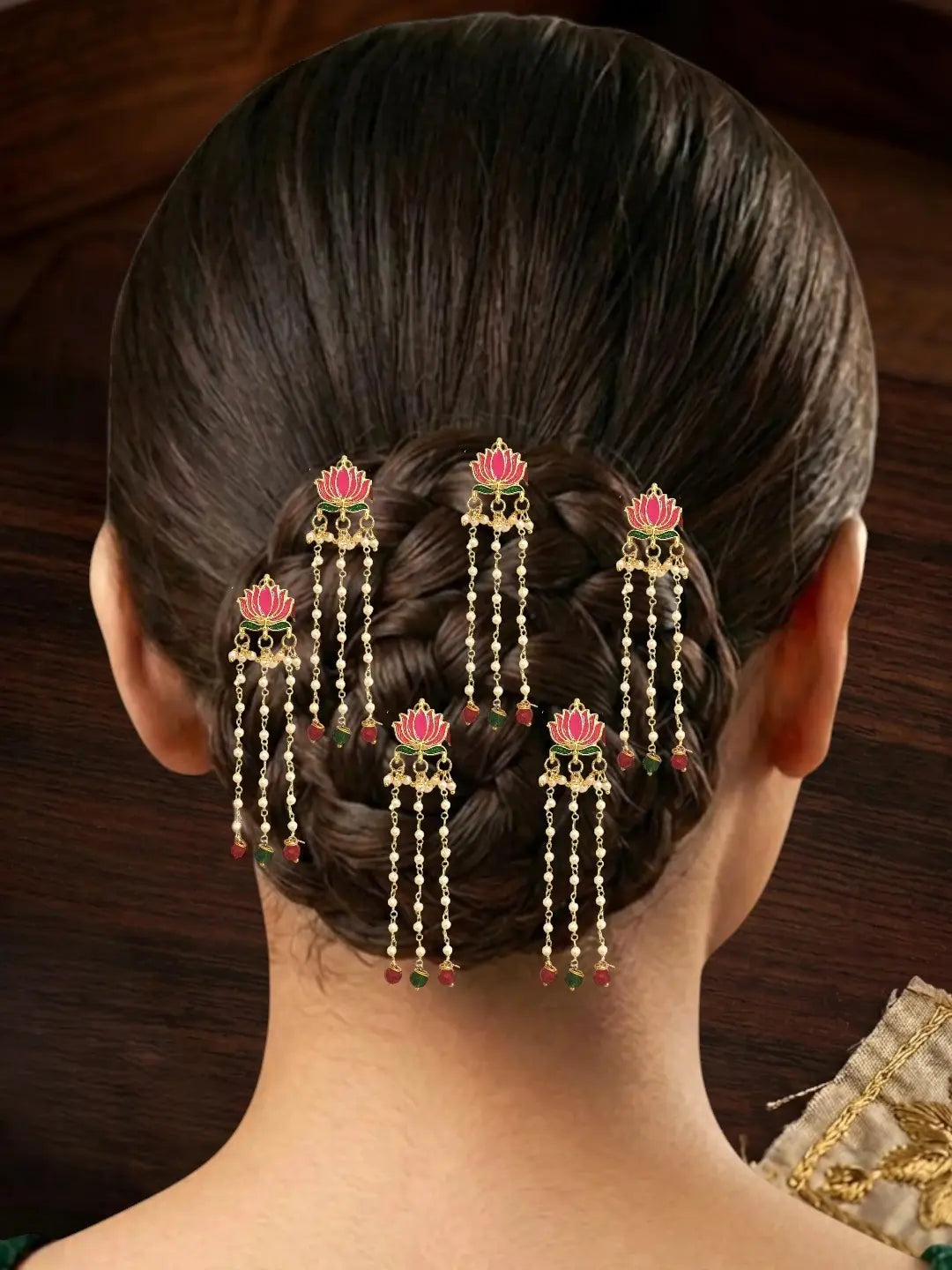 Set Of 6 Pink Lotus Meenakari U Pin Head Jewellery
