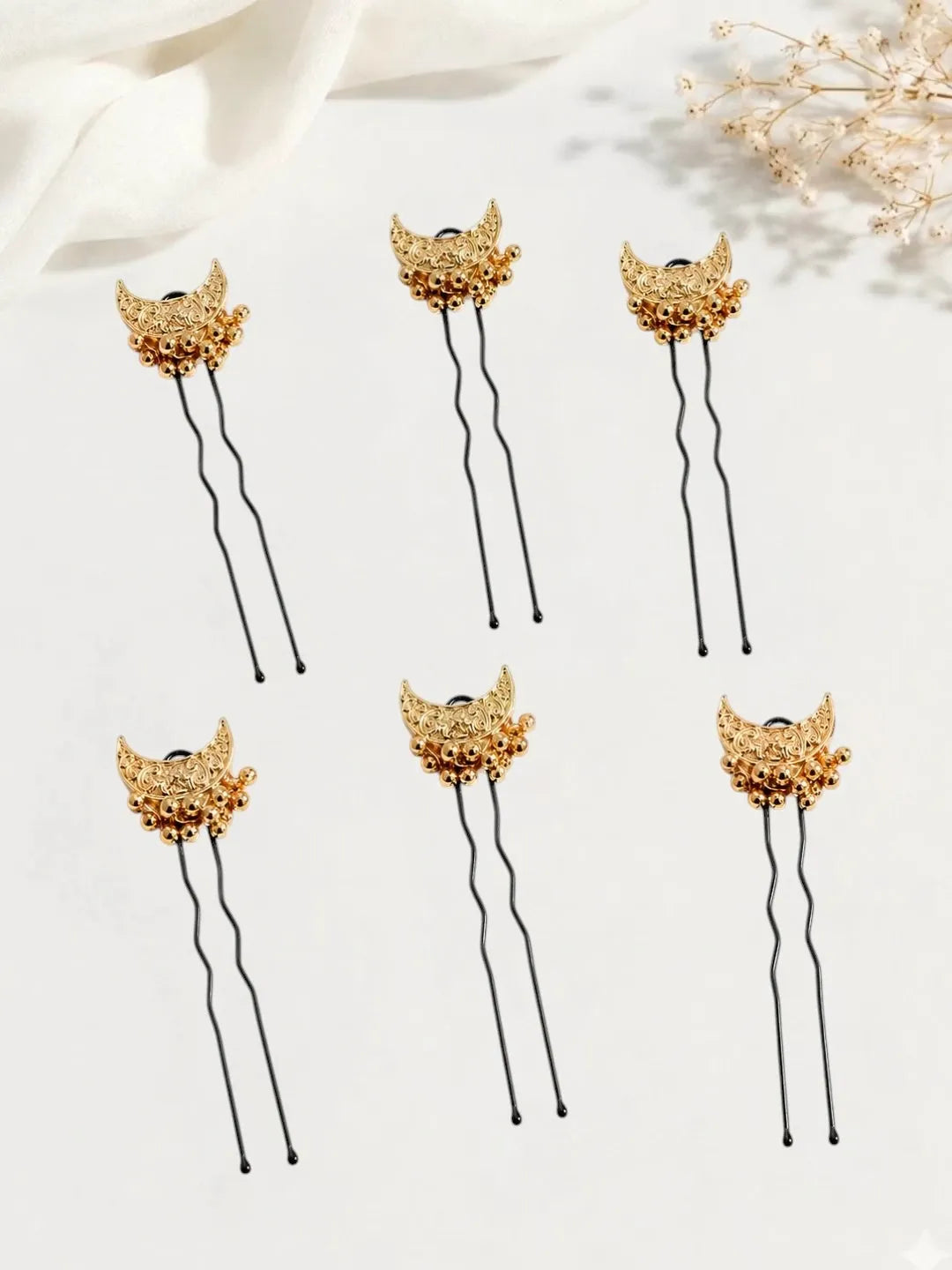 Set Of 6 Gold Plated Moon Shape U Pin Head Jewellery