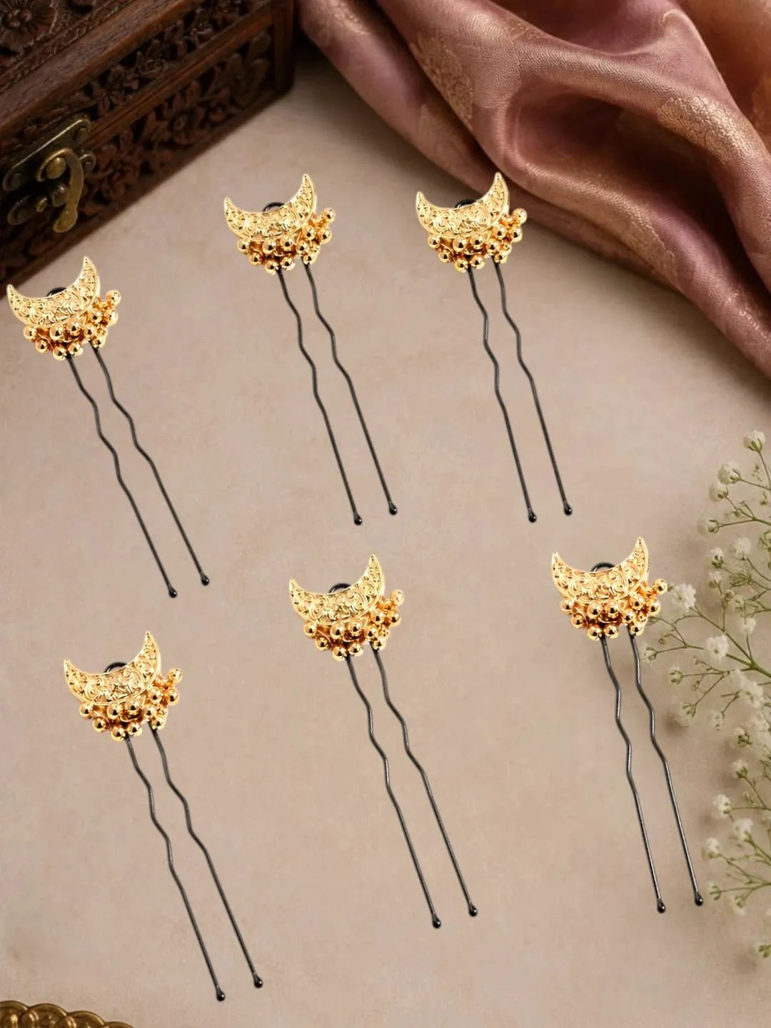 Set Of 6 Gold Plated Moon Shape U Pin Head Jewellery