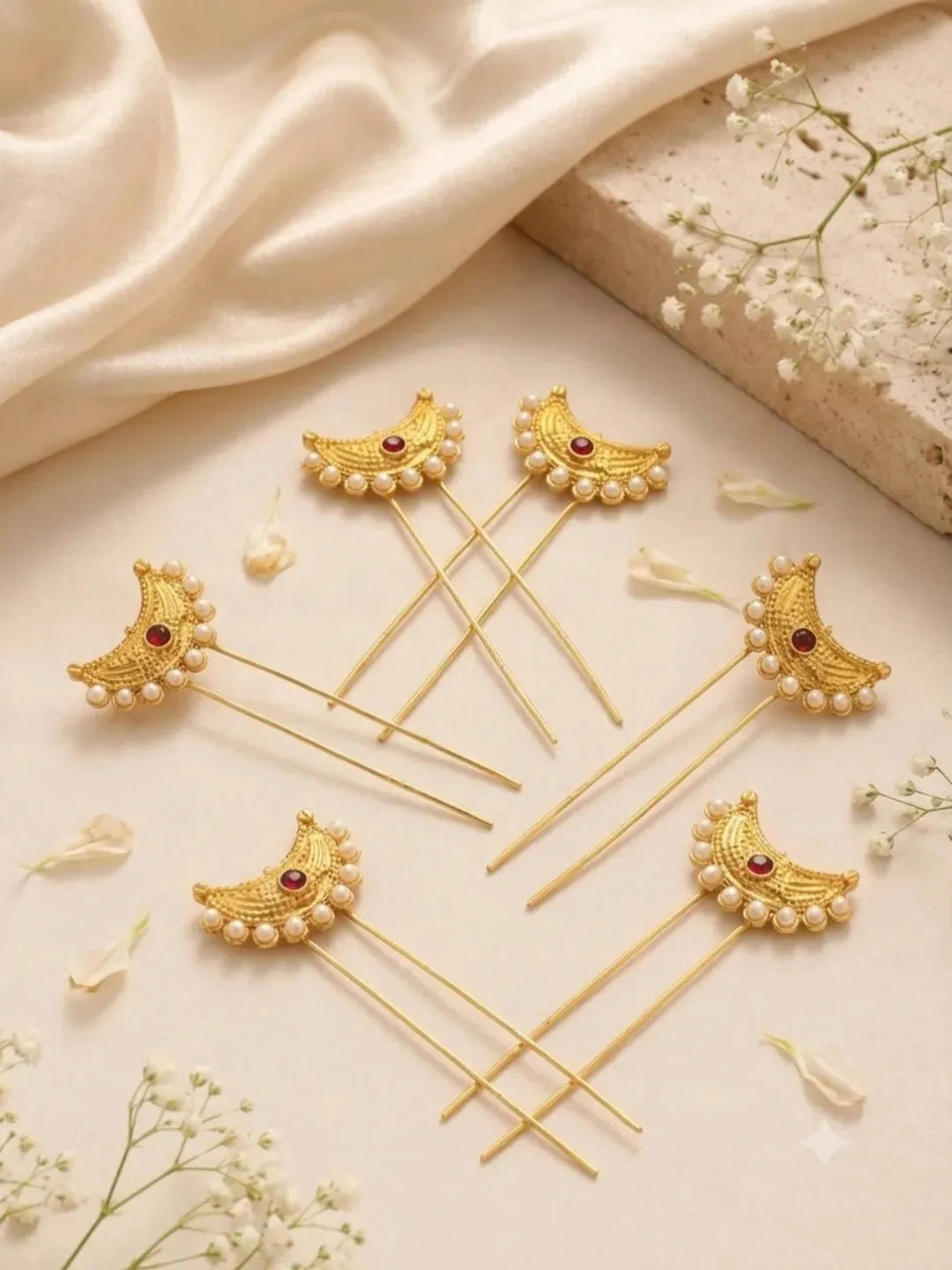 Set Of 6 Gold Plated Moon Shaped Pin Head Jewellery