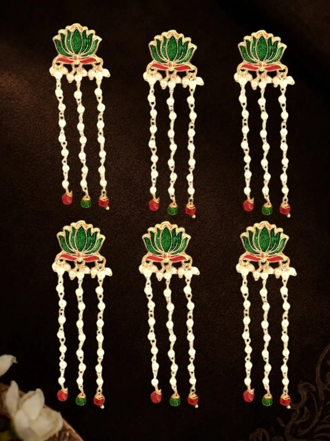 Set Of 6 Green Lotus Meenakari U Pin Head Jewellery