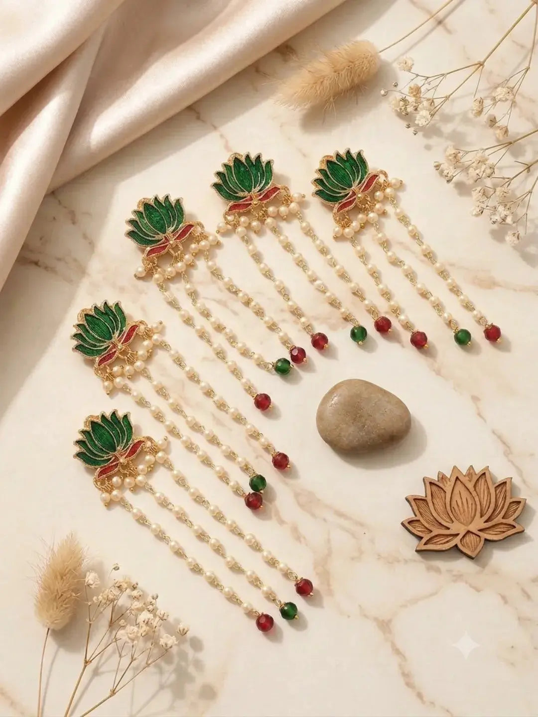 Set Of 6 Green Lotus Meenakari U Pin Head Jewellery