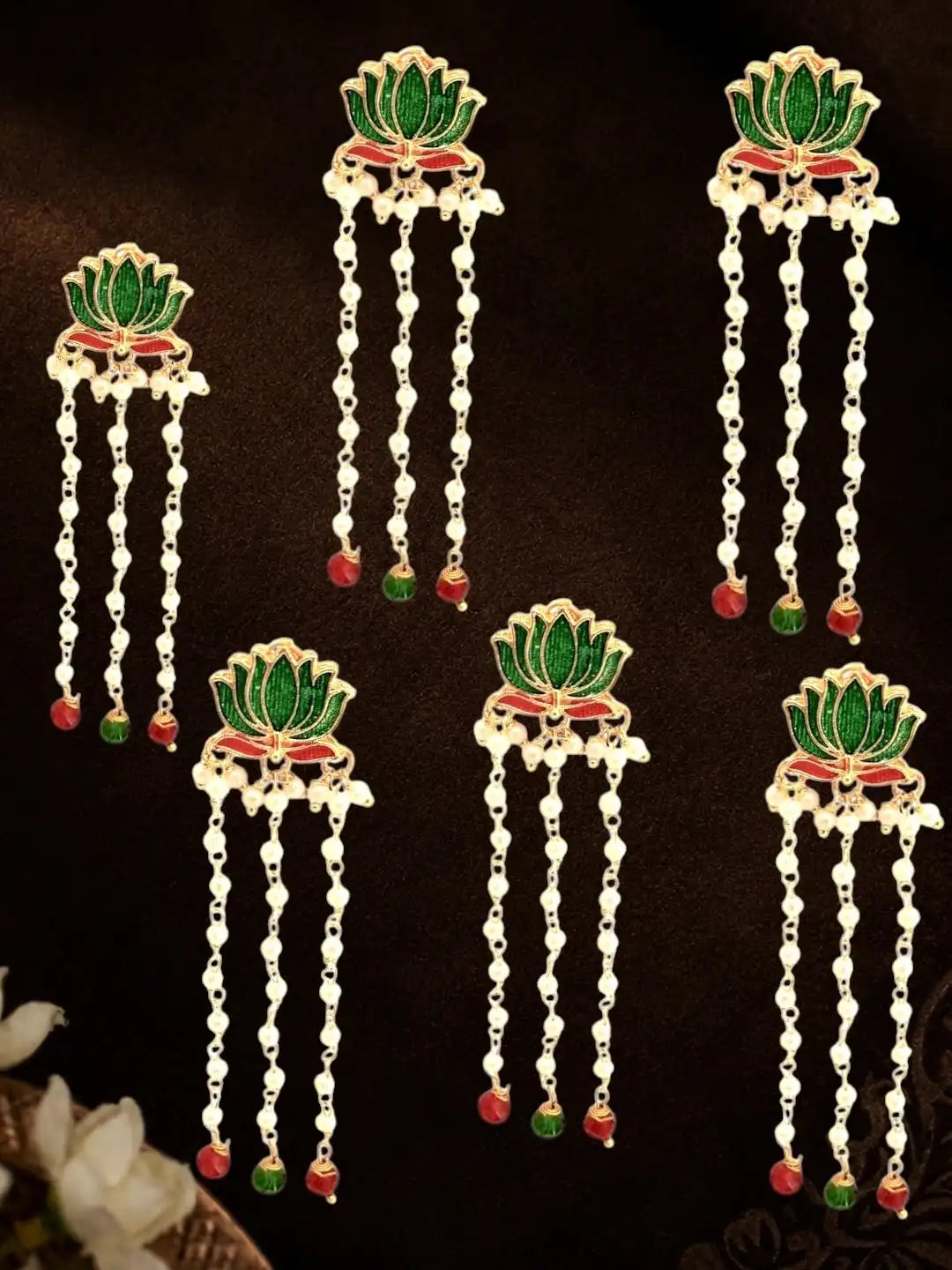 Set Of 6 Green Lotus Meenakari U Pin Head Jewellery