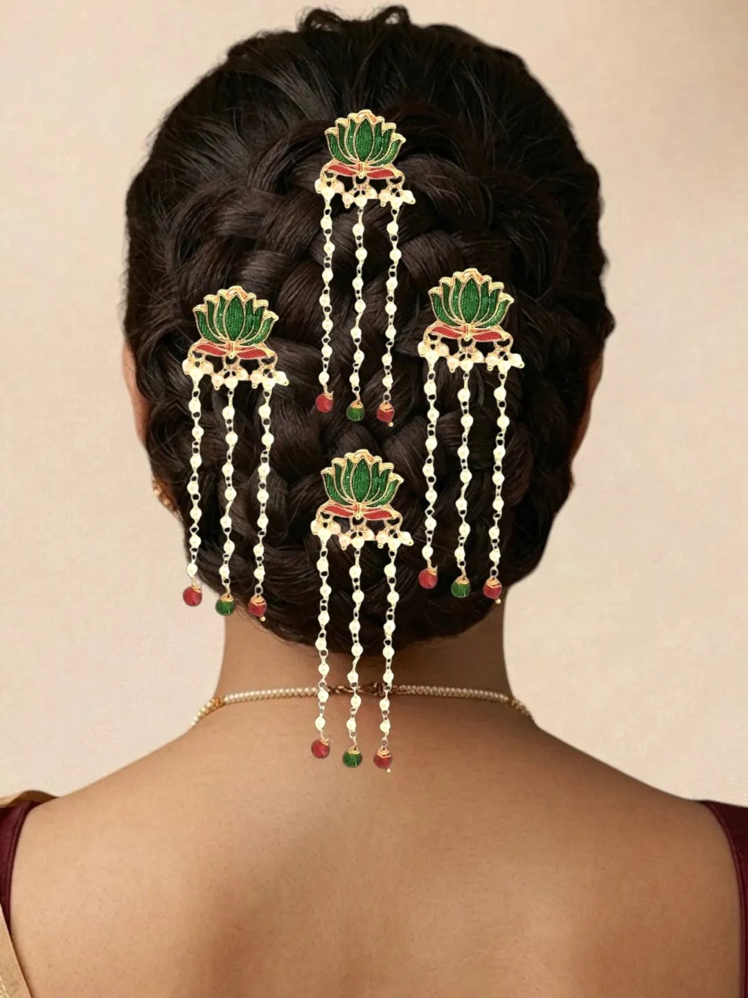 Set Of 6 Green Lotus Meenakari U Pin Head Jewellery