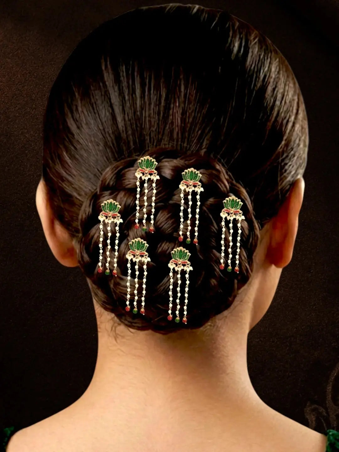 Set Of 6 Green Lotus Meenakari U Pin Head Jewellery