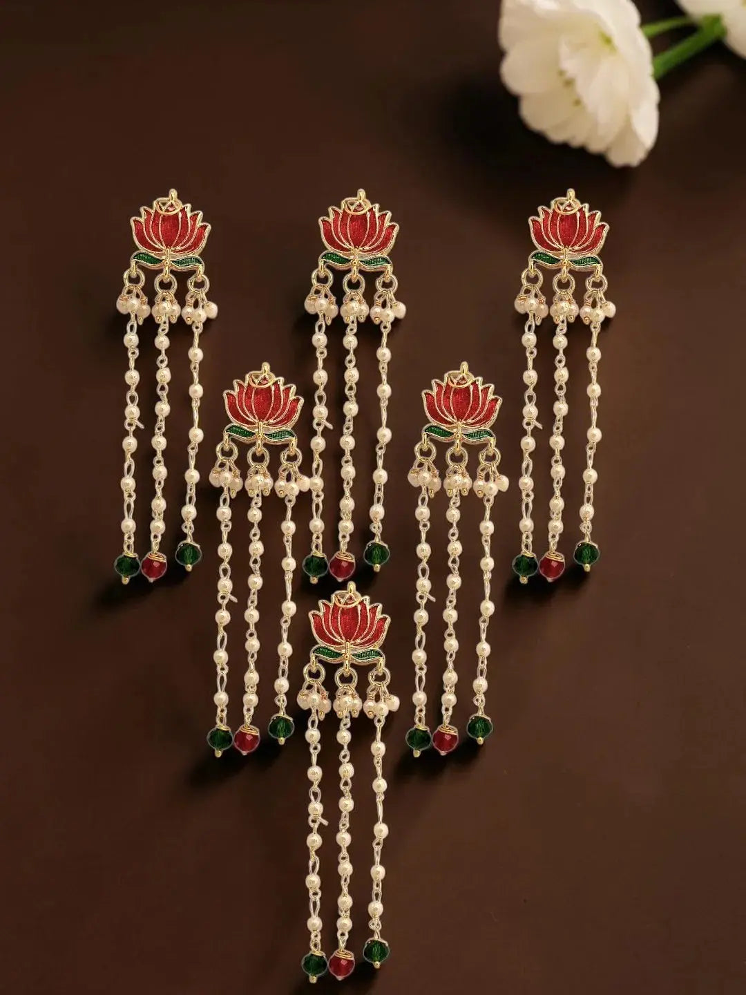 Set Of 6 Red Lotus Meenakari U Pin Head Jewellery