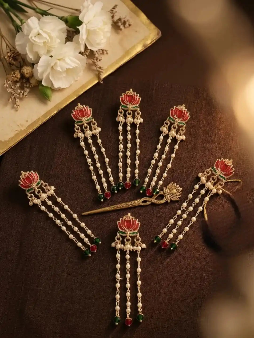 Set Of 6 Red Lotus Meenakari U Pin Head Jewellery