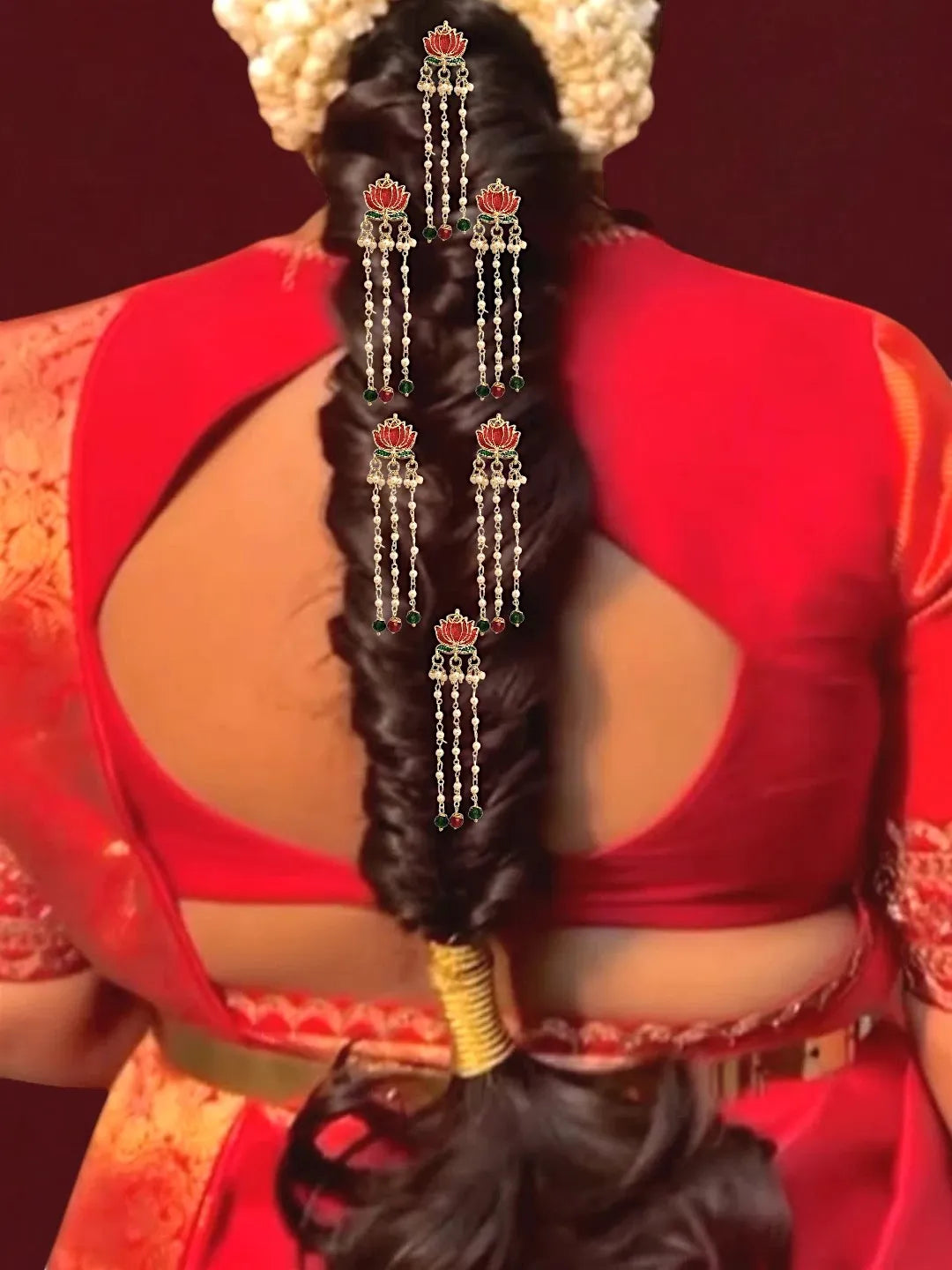 Set Of 6 Red Lotus Meenakari U Pin Head Jewellery