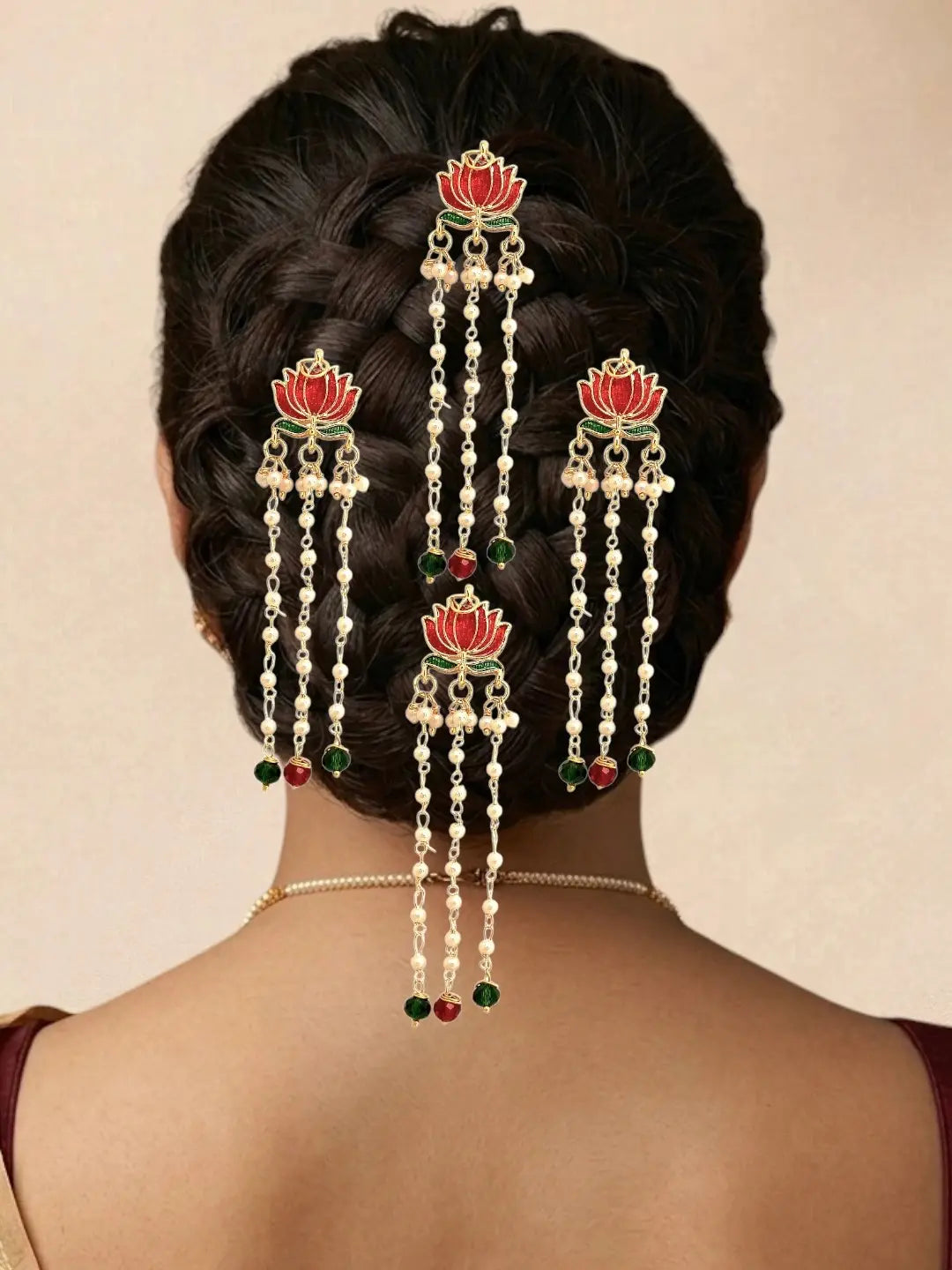 Set Of 6 Red Lotus Meenakari U Pin Head Jewellery