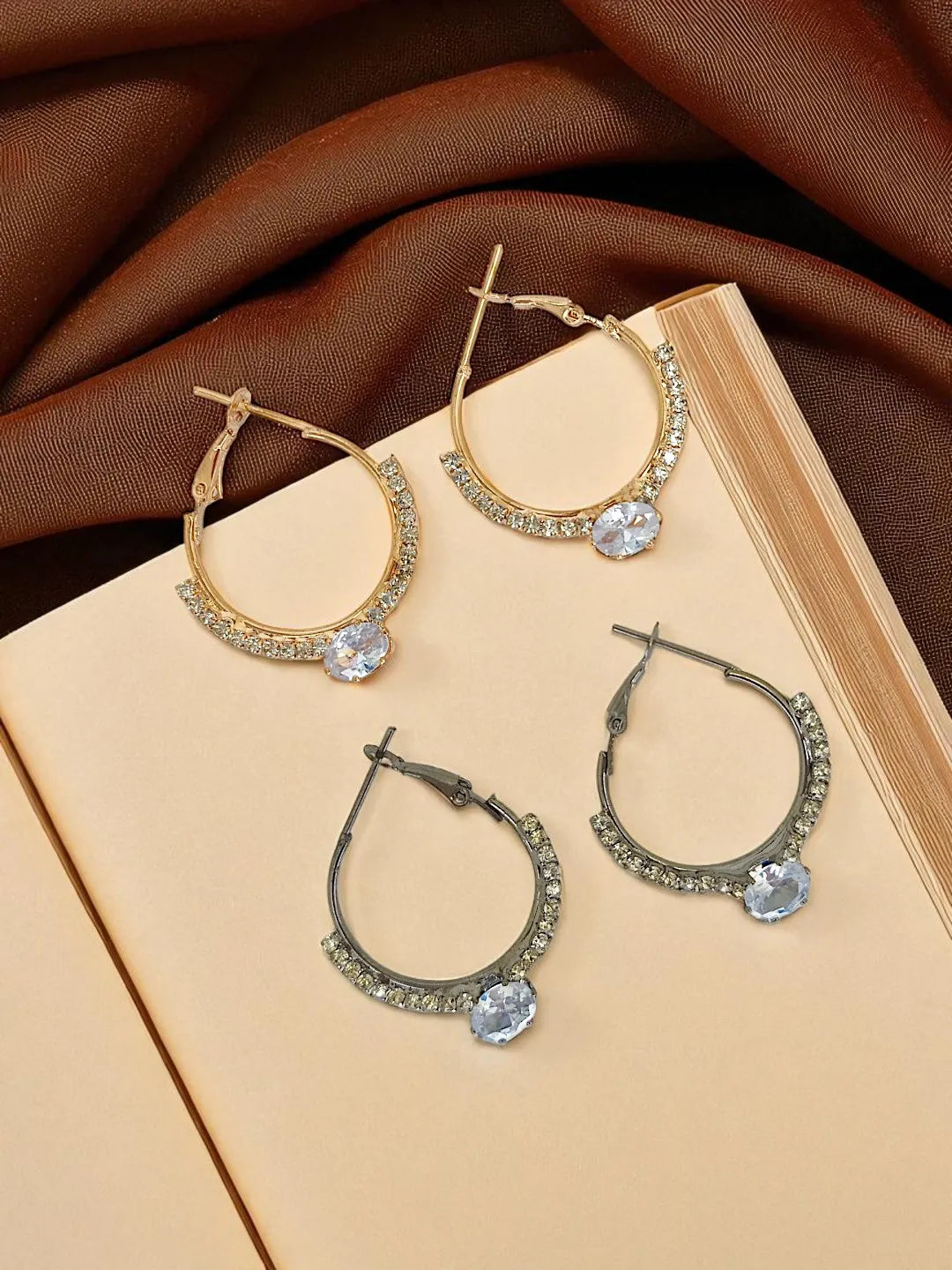Set Of 2 Silver Plated CZ Studded Circular Shaped Hoop Earrings