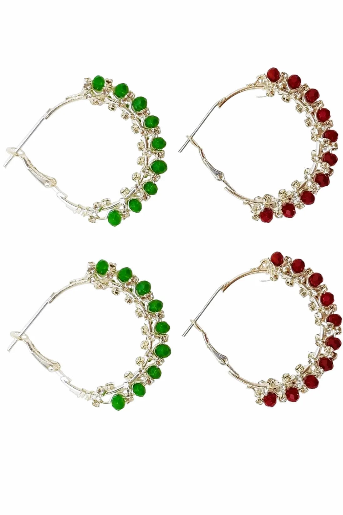 Set of 2 Silver-Plated Beaded & Stone Studded Circular Hoop Earrings