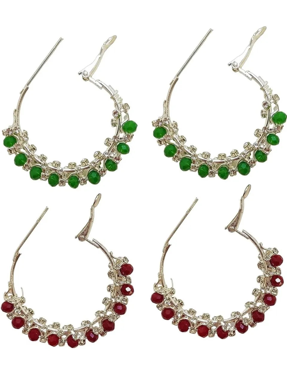 Set of 2 Silver-Plated Beaded & Stone Studded Circular Hoop Earrings