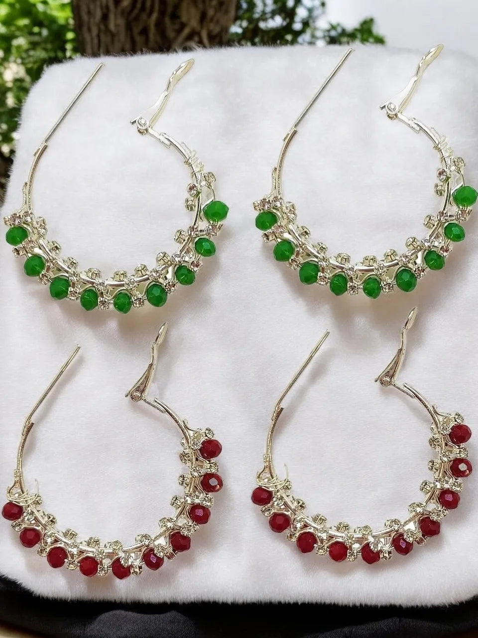 Set of 2 Silver-Plated Beaded & Stone Studded Circular Hoop Earrings
