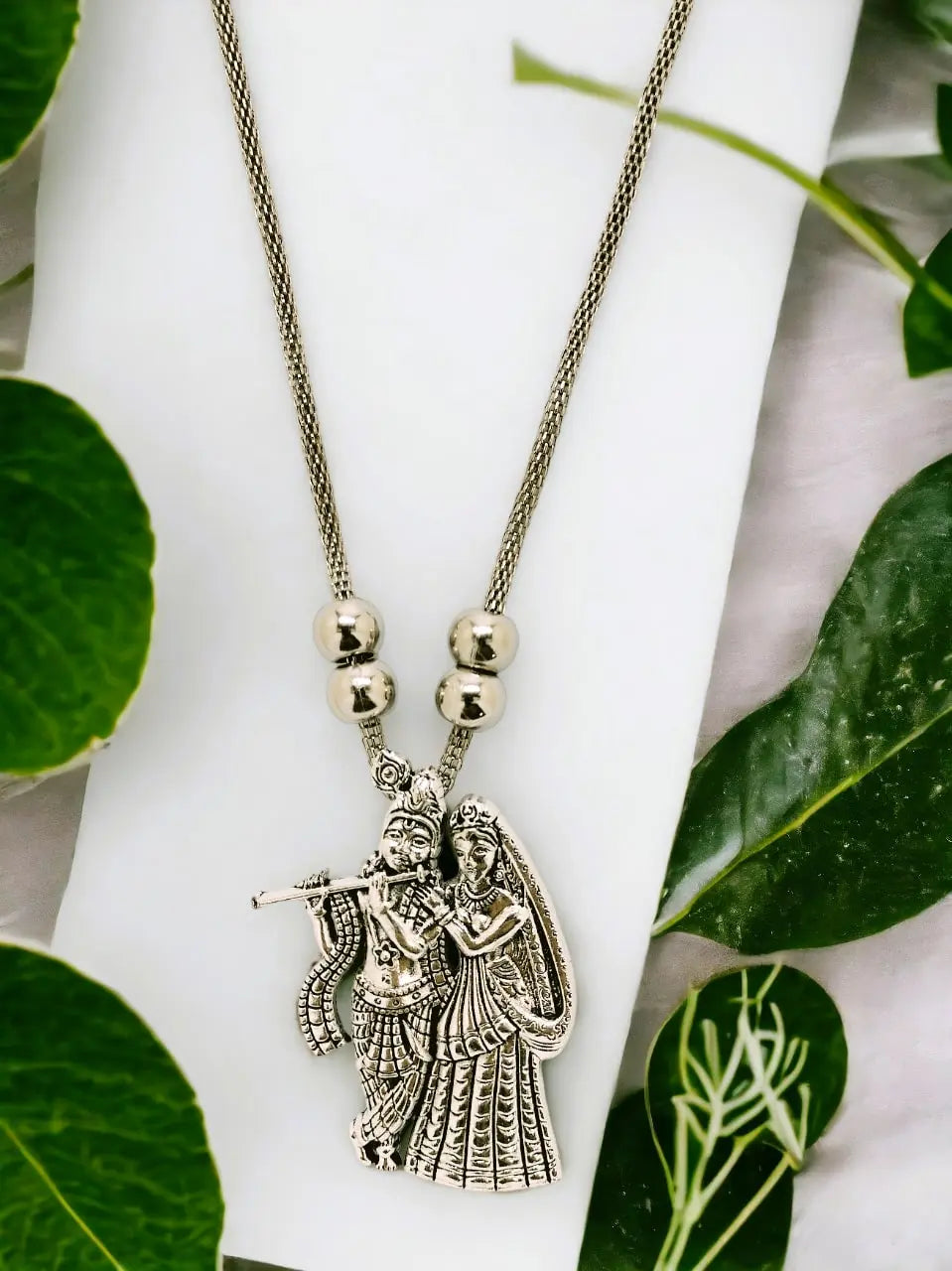 Silver Oxidized Radha Krishna Necklace for Women