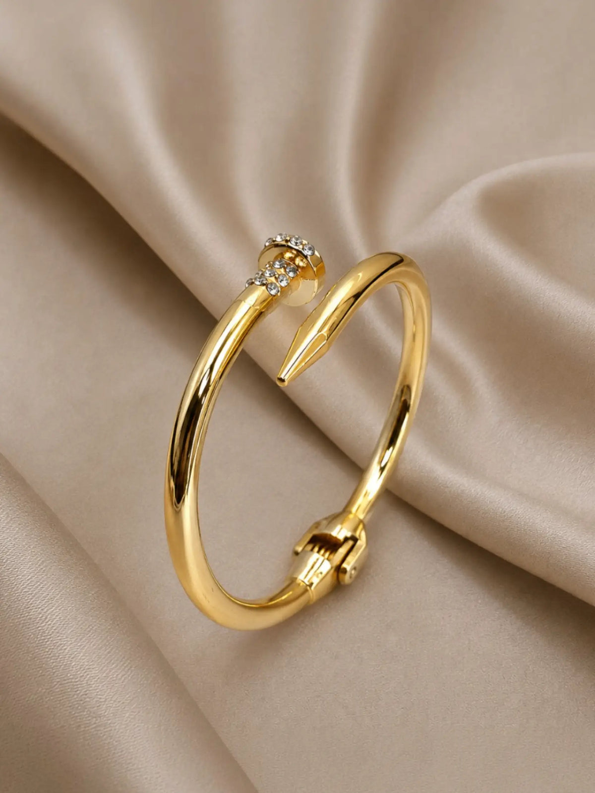 Anti-Tarnish Gold-Toned CZ Studded Nail Design Cuff Bracelet
