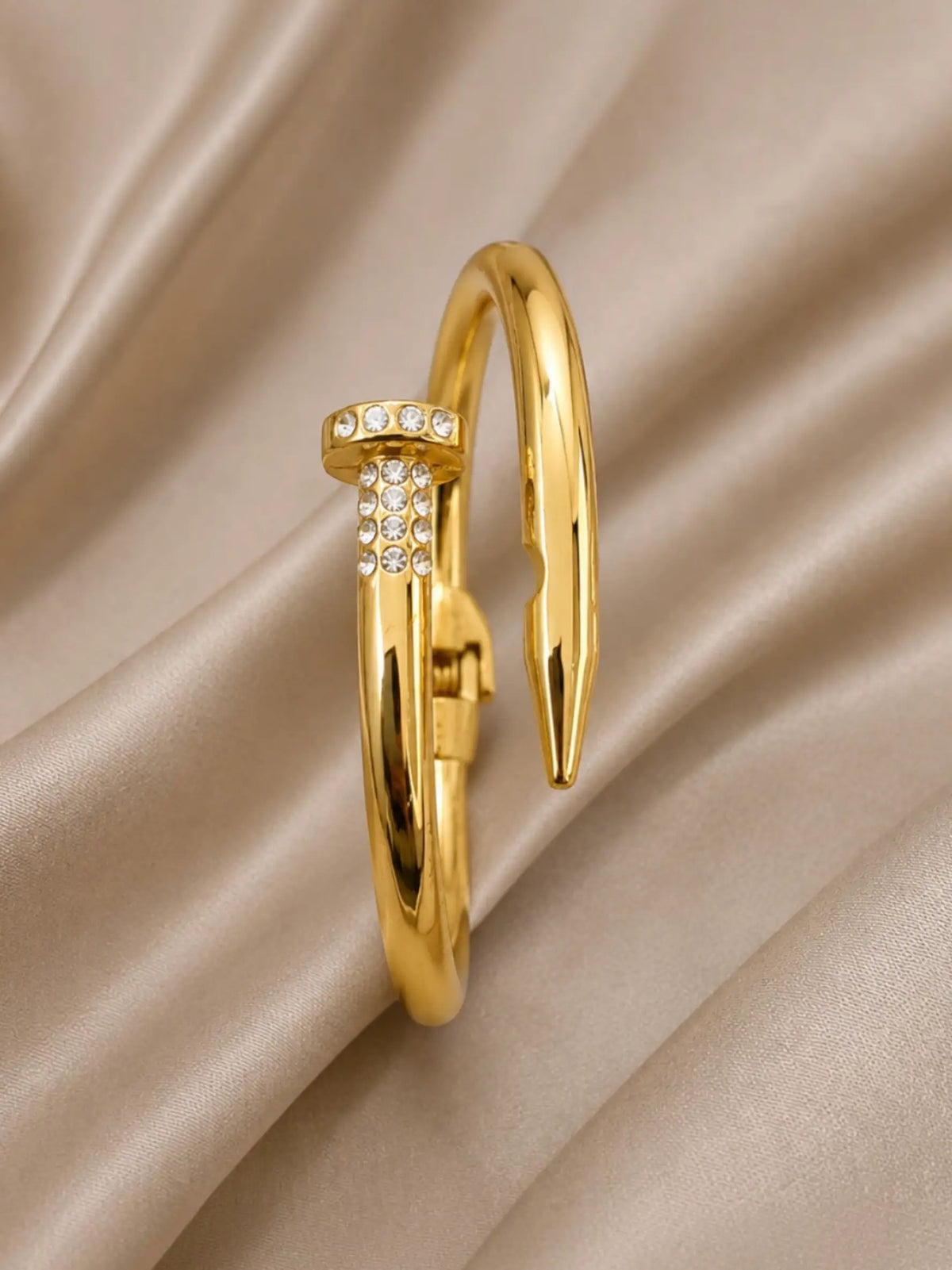 Anti-Tarnish Gold-Toned CZ Studded Nail Design Cuff Bracelet